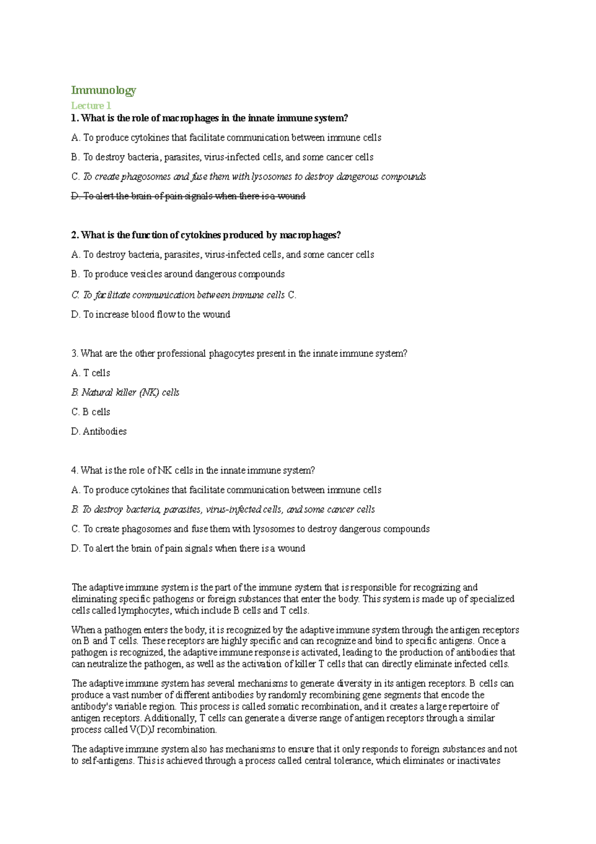 CBI multiple choice questions - Immunology Lecture 1 What is the role ...