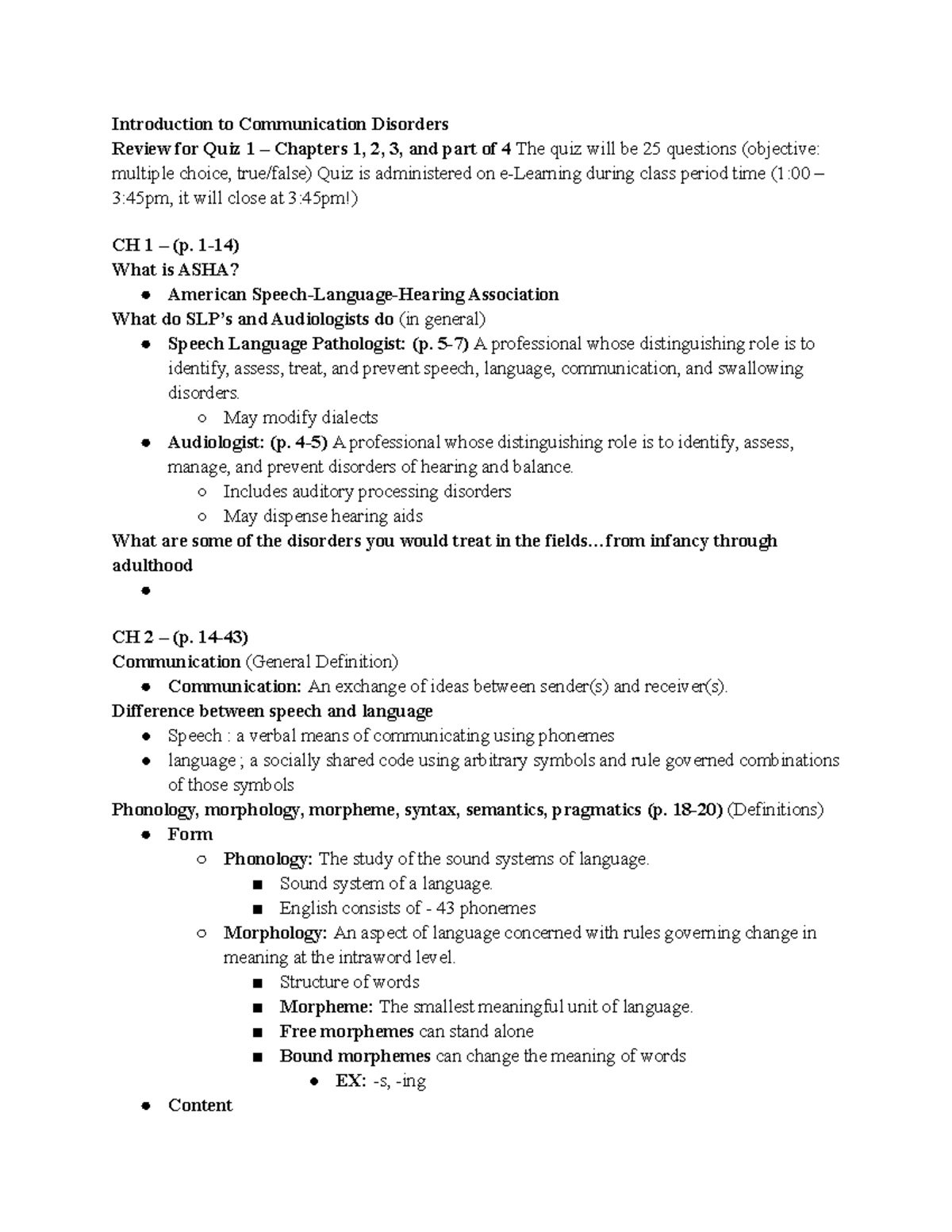Communications Disorder Quiz 1 Review Introduction to Communication