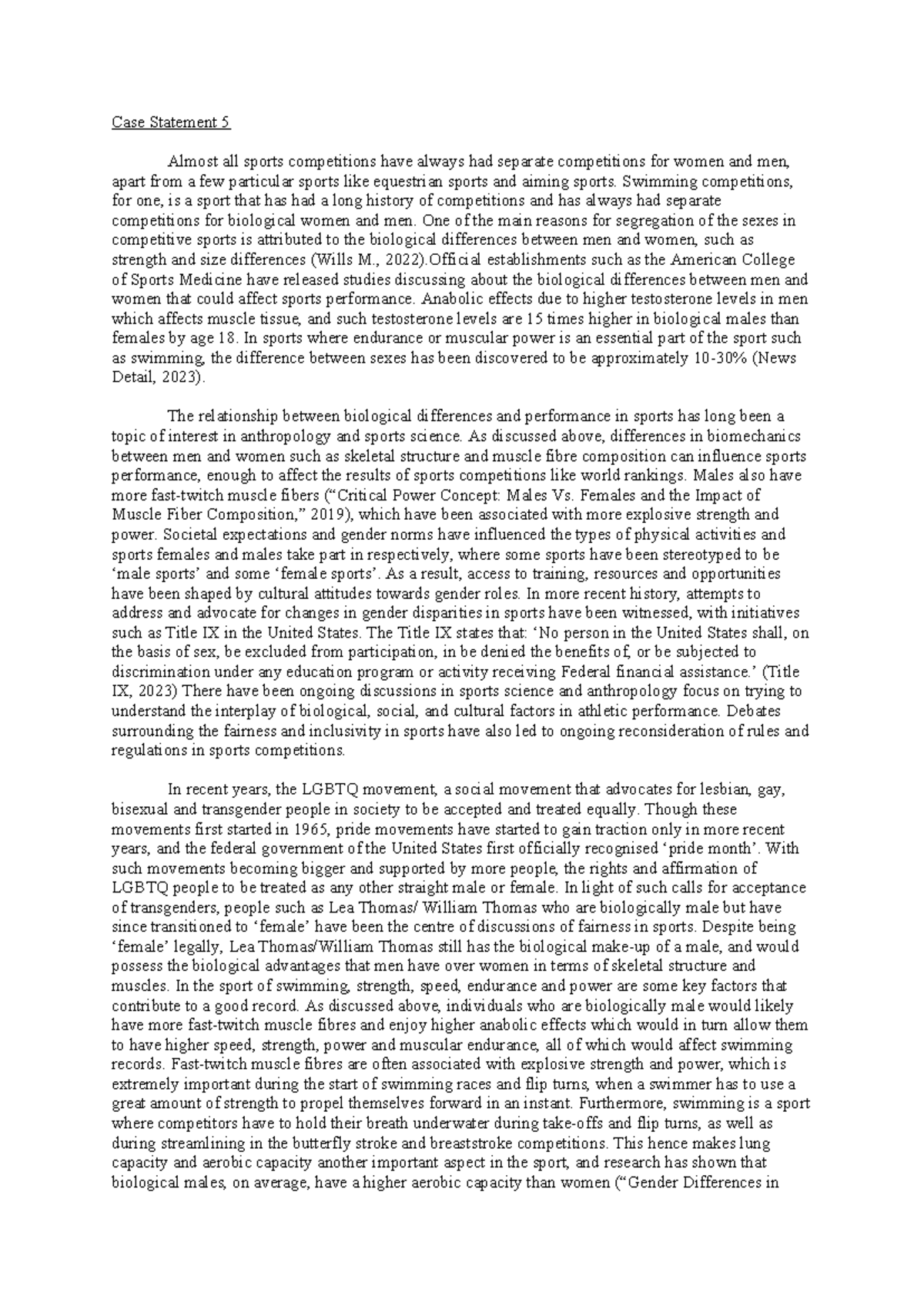 APY106 Final Case Study - Case Statement 5 Almost all sports ...