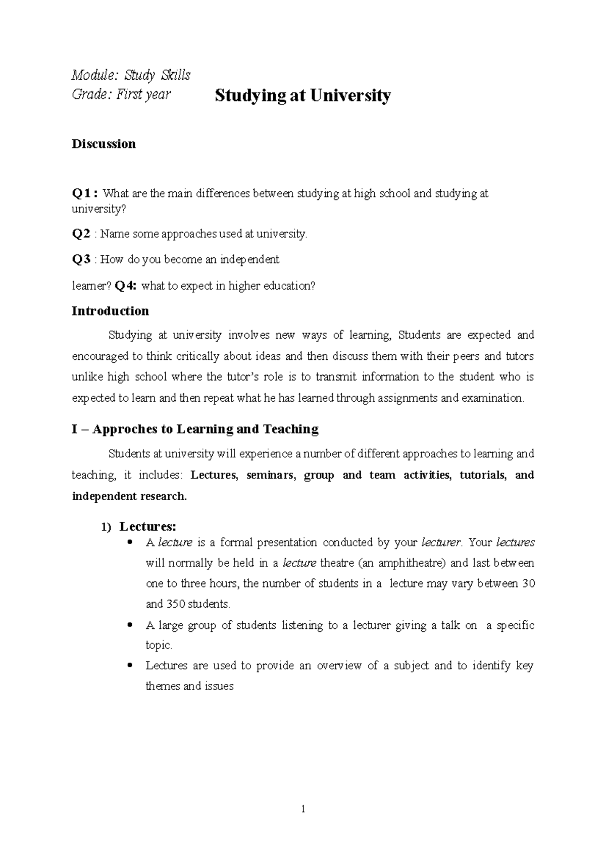 lesson-one-1-module-study-skills-grade-first-year-discussion