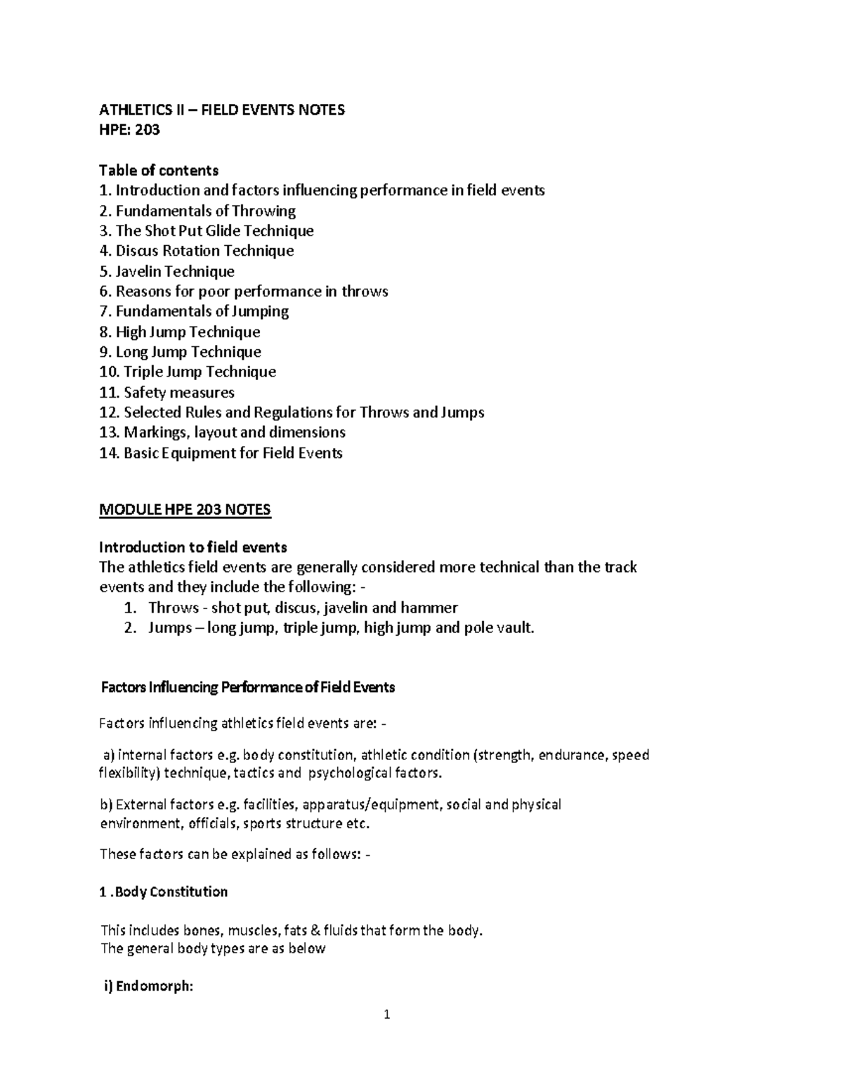 HPE 203 Notes - ATHLETICS II – FIELD EVENTS NOTES HPE: 203 Table of ...