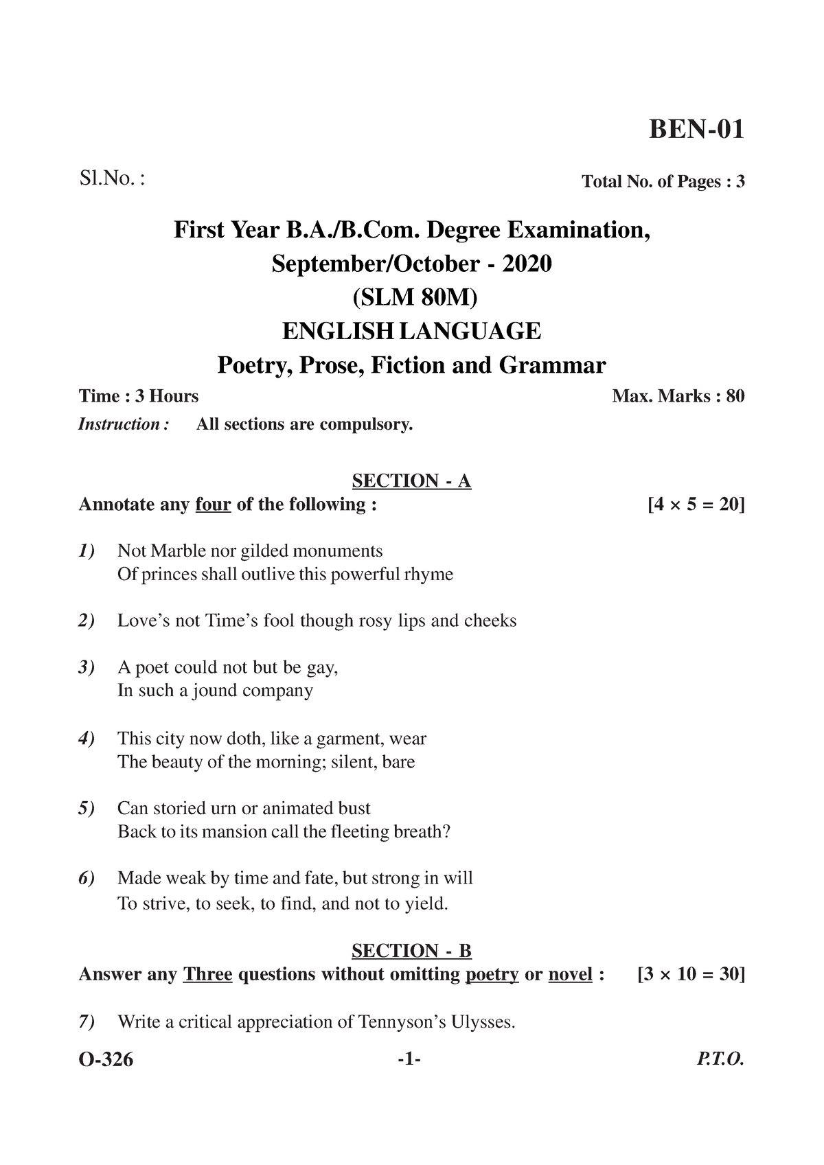 1st Year BBA BCOM Previous Year English Question Paper Sep/oct 2020 - O ...