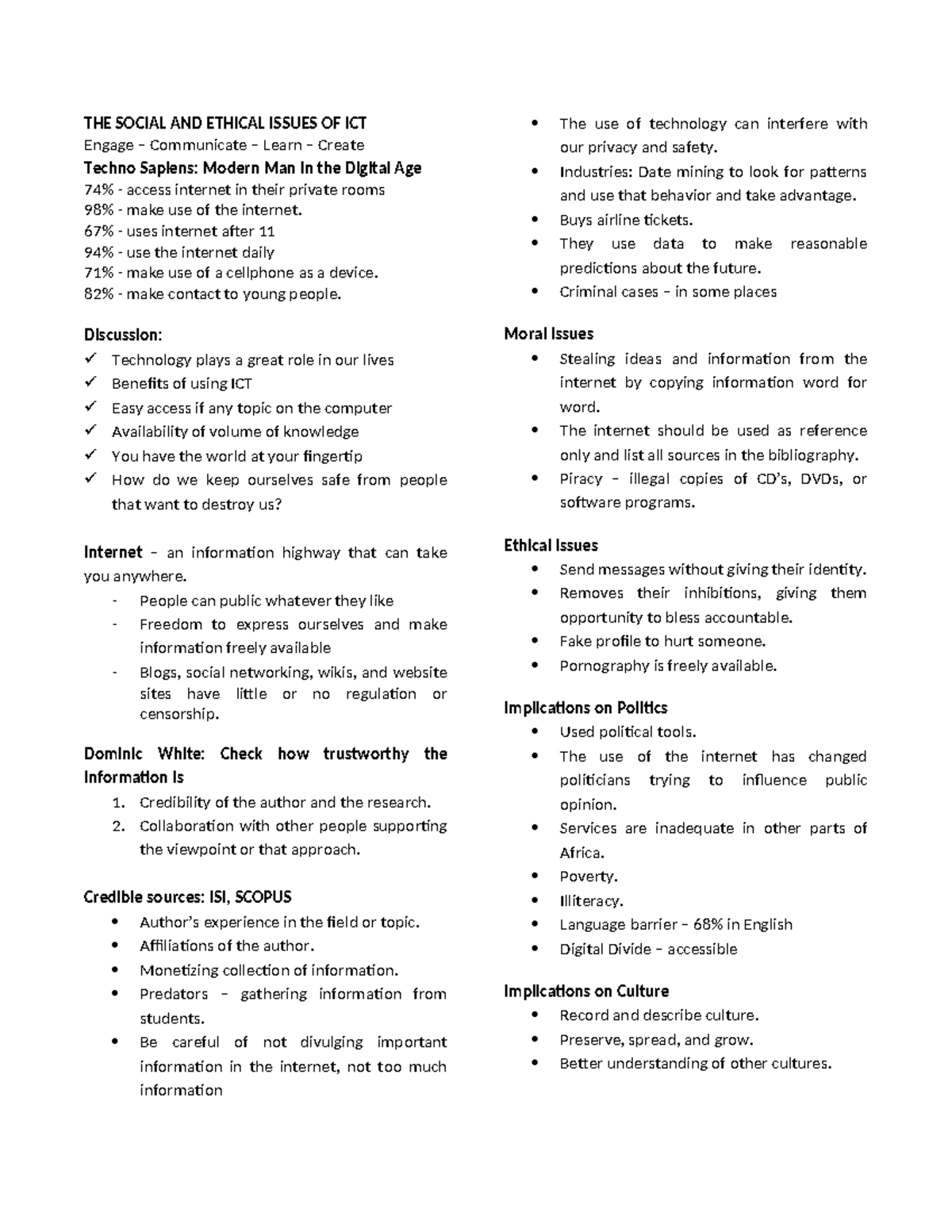 Gpcom-reviewer - Notes - THE SOCIAL AND ETHICAL ISSUES OF ICT Engage ...