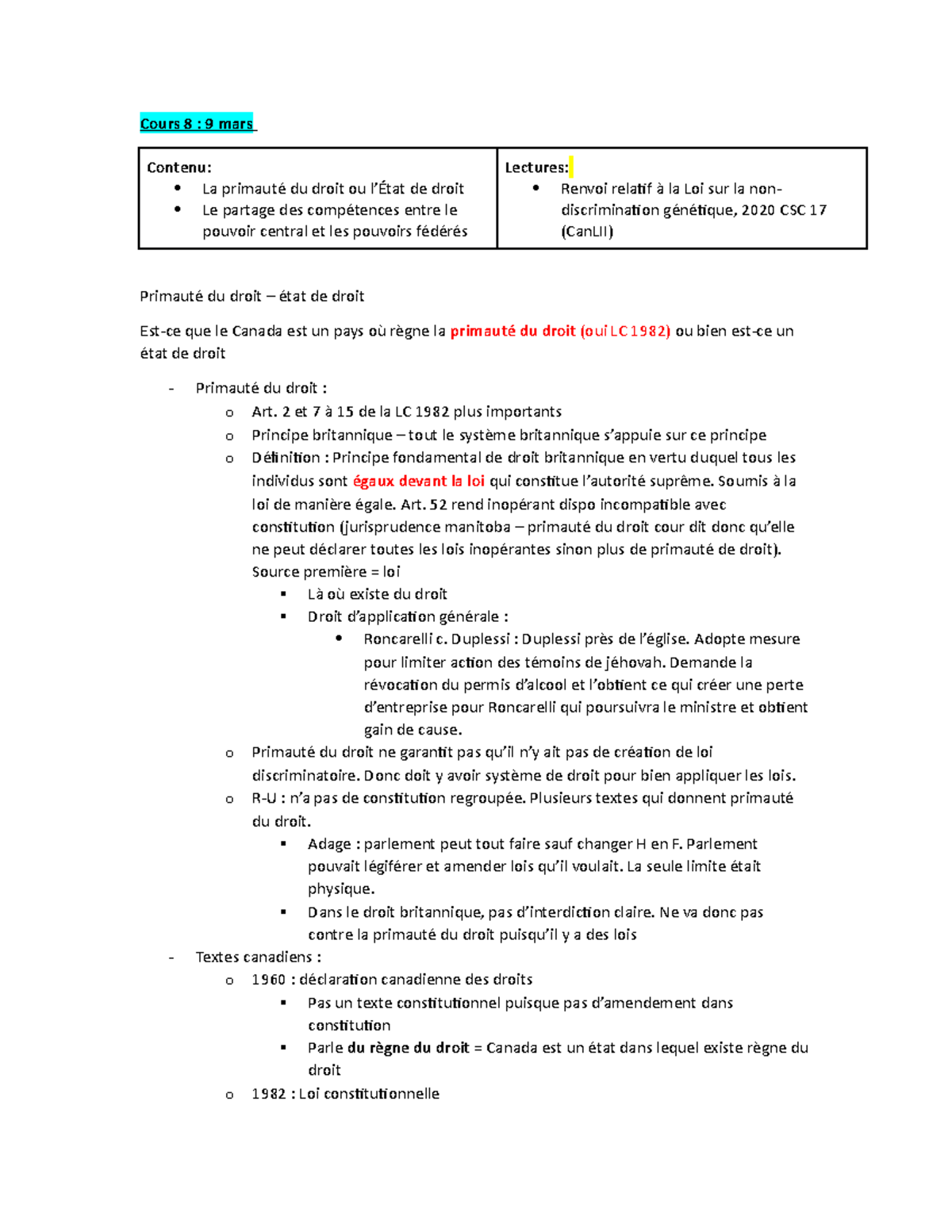 Cours 8-13 Après Intra - Cours 8 : 9 Mars Contenu: La Primauté Du Droit ...