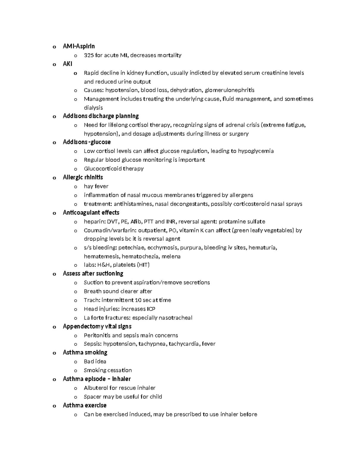 MedSurg HESI study guide topics o AMIAspirin o 325 for acute MI