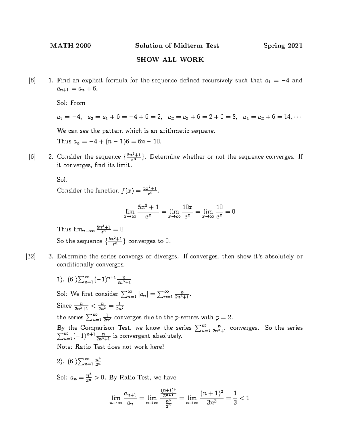 Sol Mid - MATH 2000 Solution of Midterm Test Spring 2021 SHOW ALL WORK ...