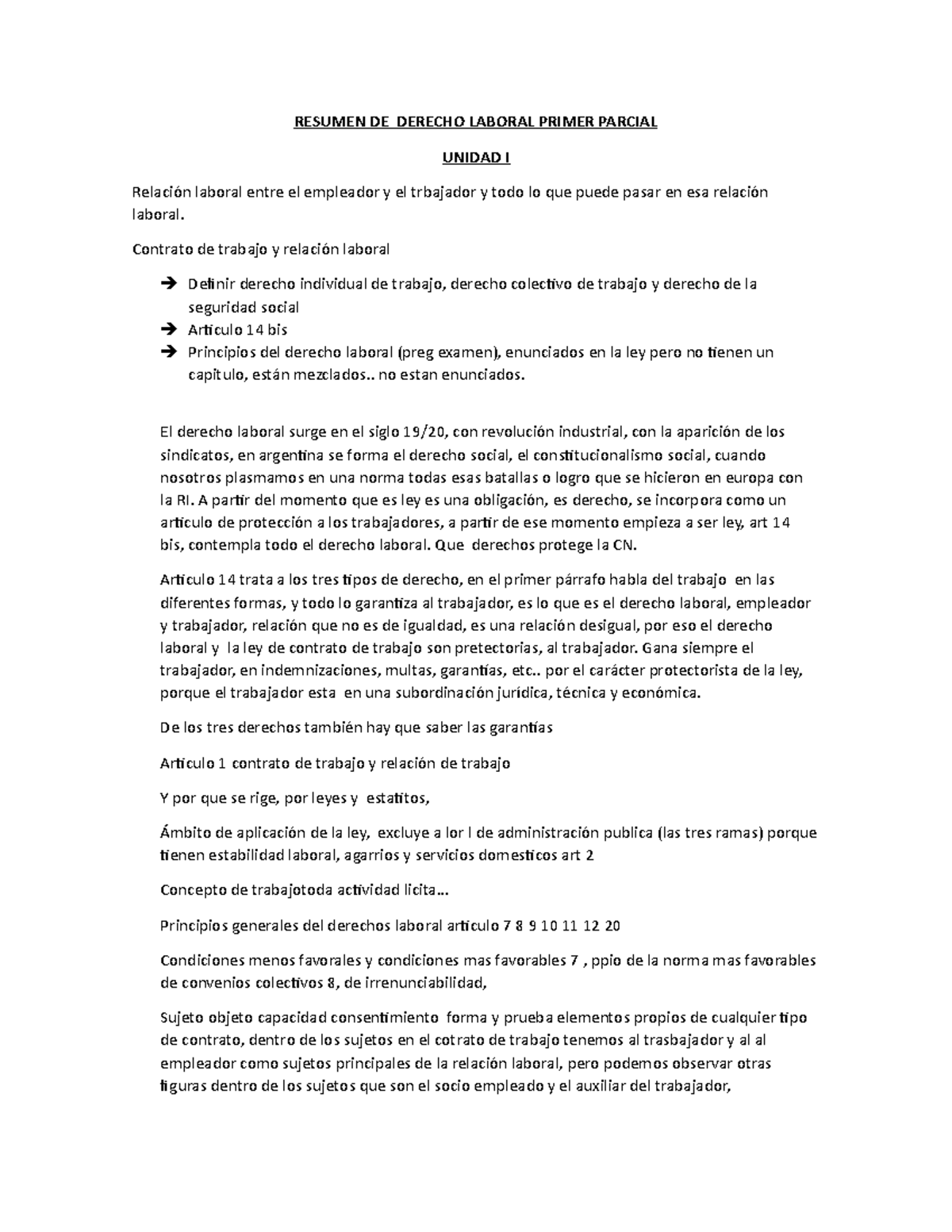 Resumen DE Derecho Laboral Primer Parcial - RESUMEN DE DERECHO LABORAL ...