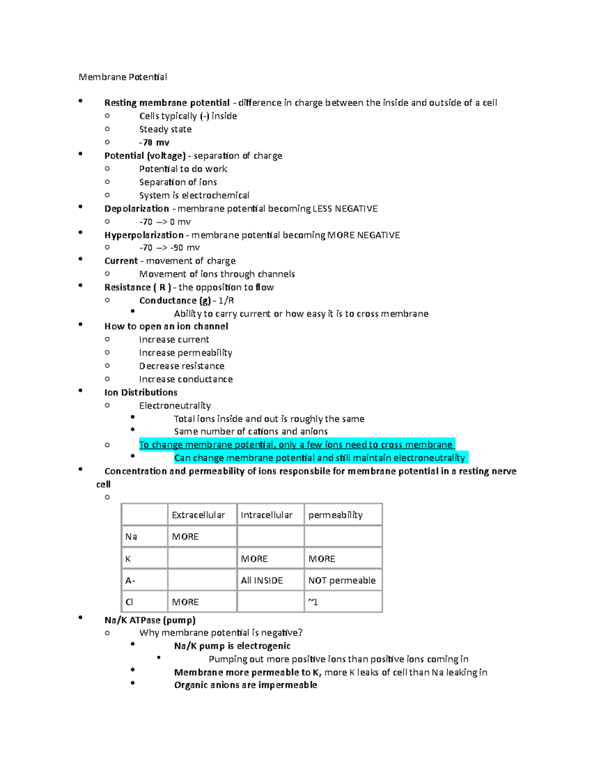 Membrane Potential - Lecture notes 3 - Membrane Potential Resting ...