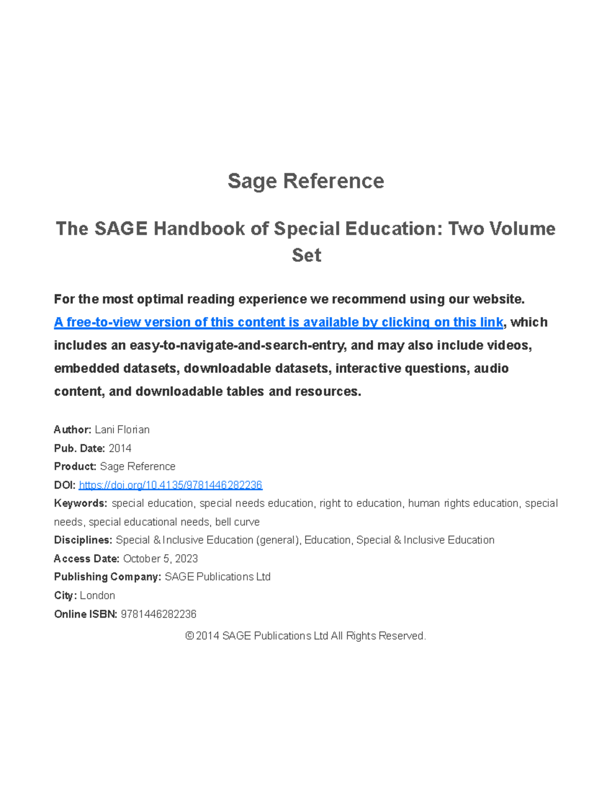 The Sage Handbook Of Special Education E Week Reading Sage Reference The Sage Handbook Of