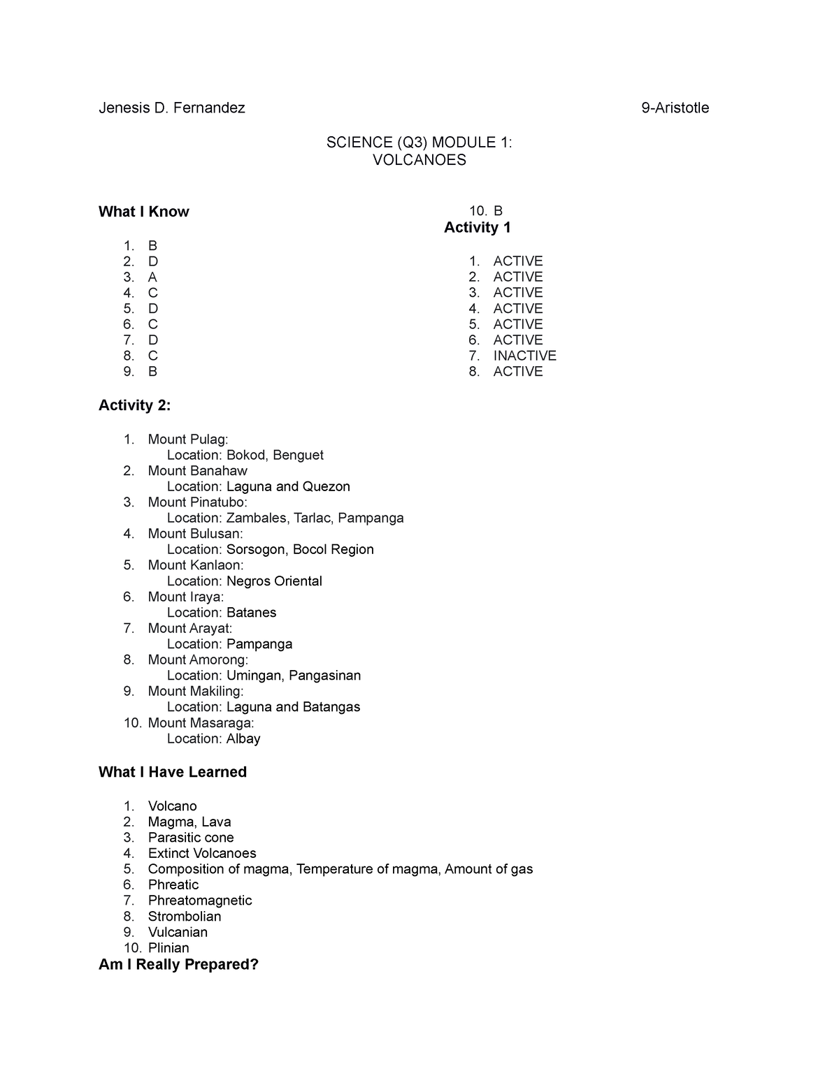 Part 1 3rd Science Module Answers Jenesis D Fernandez 9 Aristotle Science Q3 Module 1 5875