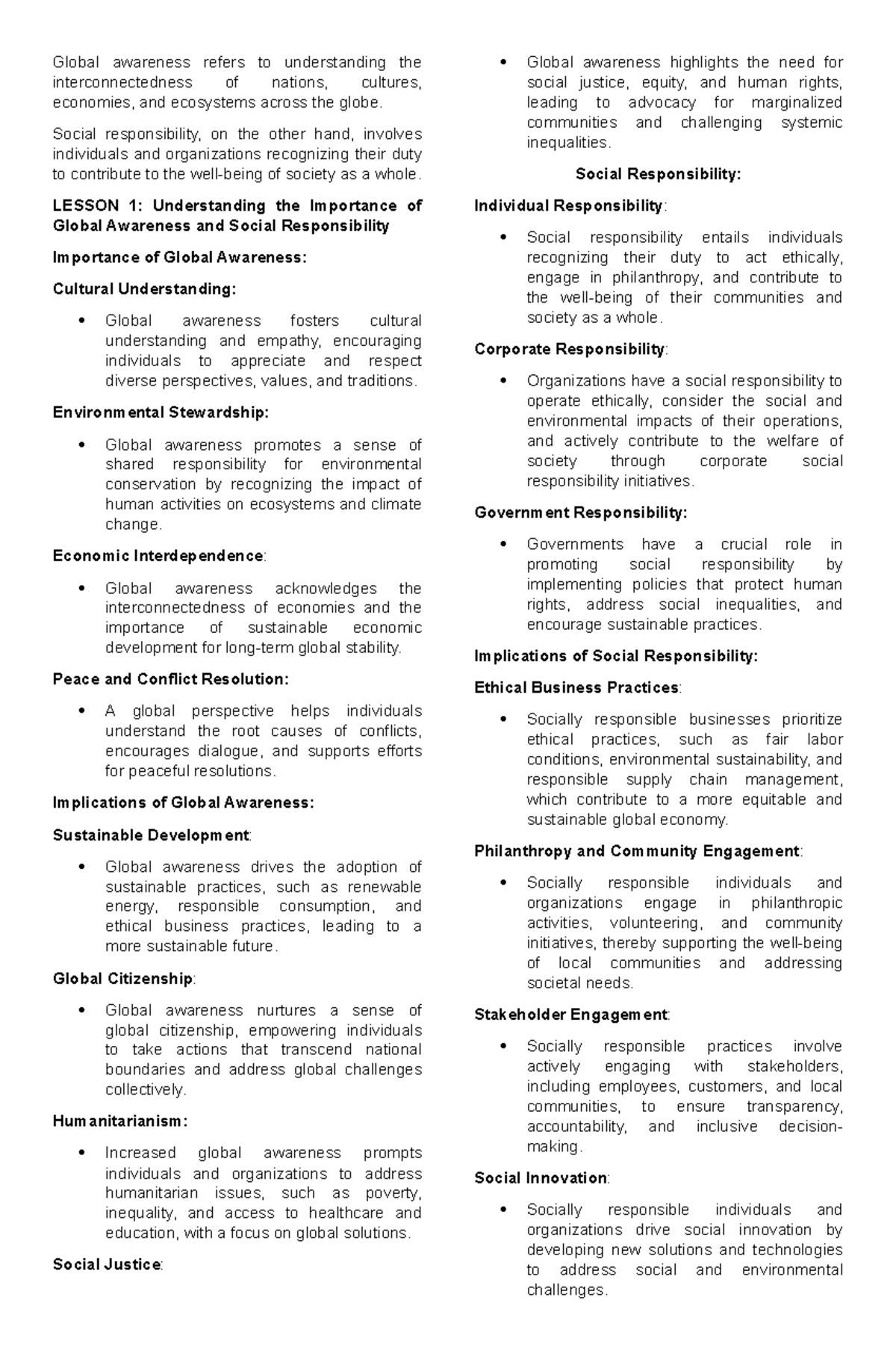 GIC- Prelims - Lecture notes for GIC - Global awareness refers to ...