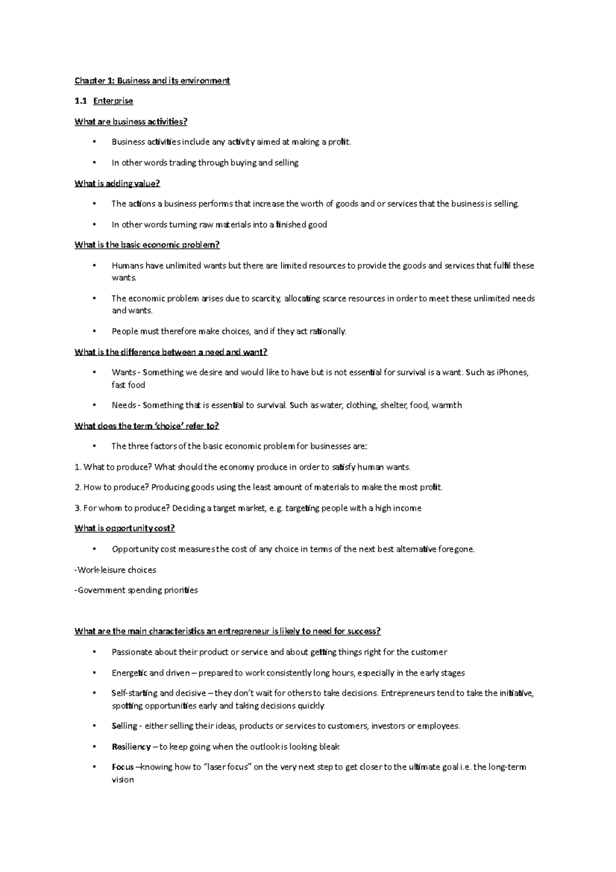 Business - Notes - Chapter 1: Business and its environment 1 Enterprise ...