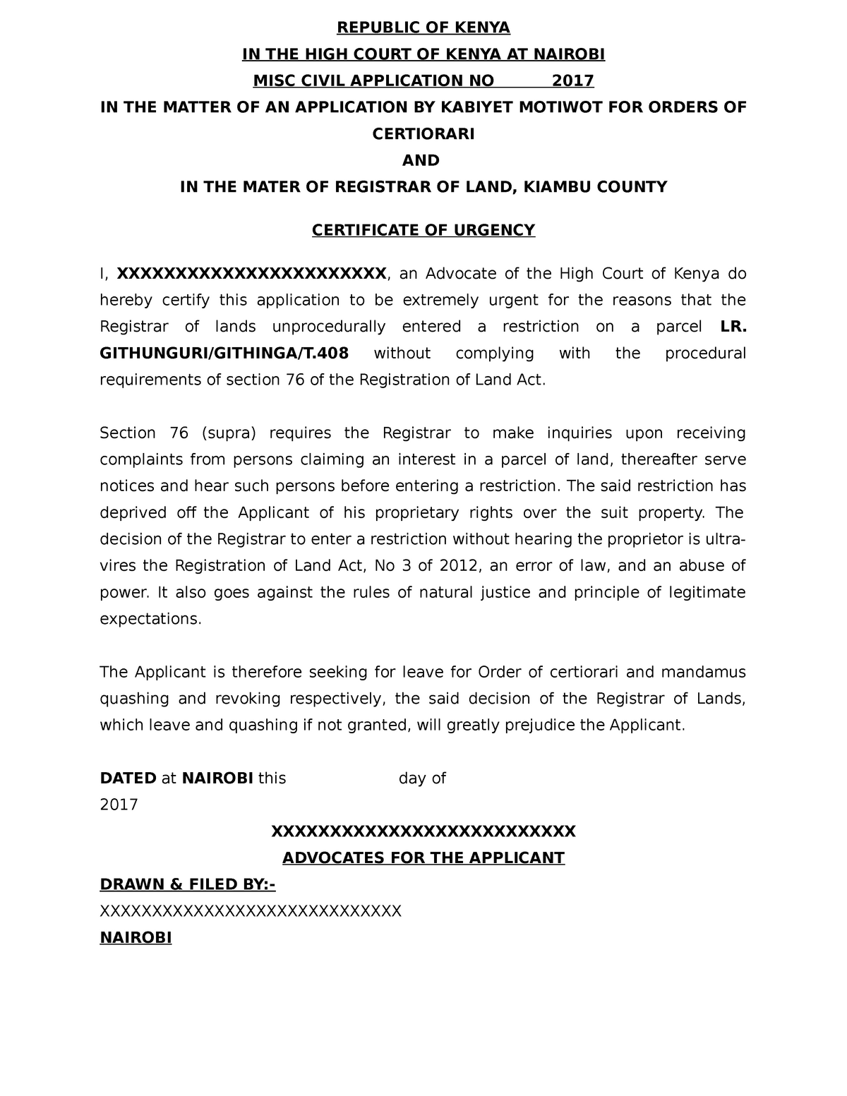 Application of Judicial Review IN THE HIGH COURT OF KENYA AT NAIROBI