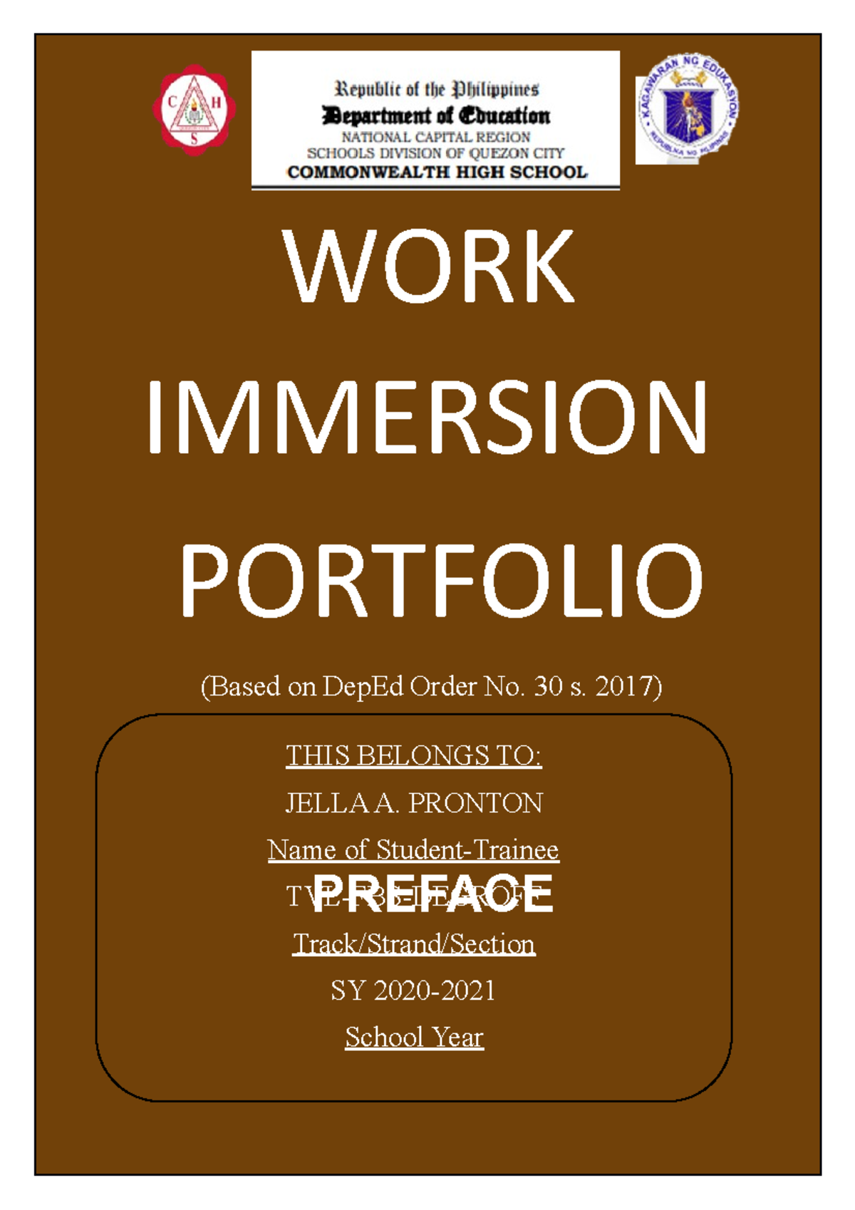 WORK Immersion - X Xvx - WORK IMMERSION PORTFOLIO (Based On DepEd Order ...