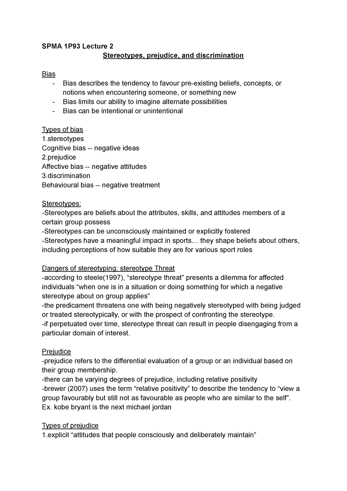 SPMA 1P93 Lecture 2 - brock notes - SPMA 1P93 Lecture 2 Stereotypes ...