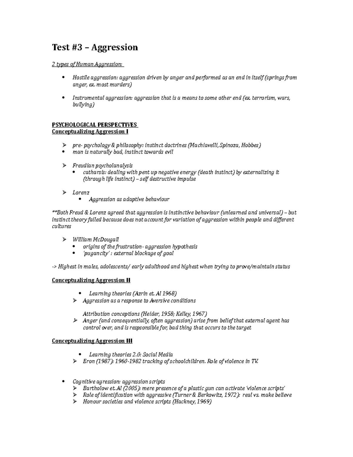 241 #3 - Lecture notes 16-24 + chapter notes - Test #3 – Aggression 2 ...