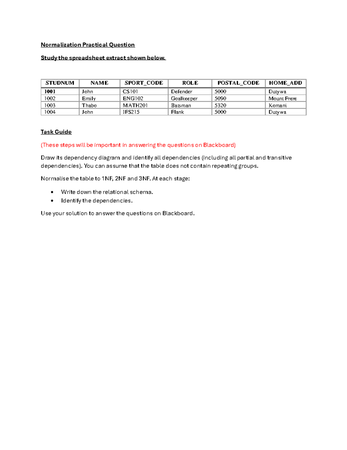 Normalization practical question studnum name sport code role postal