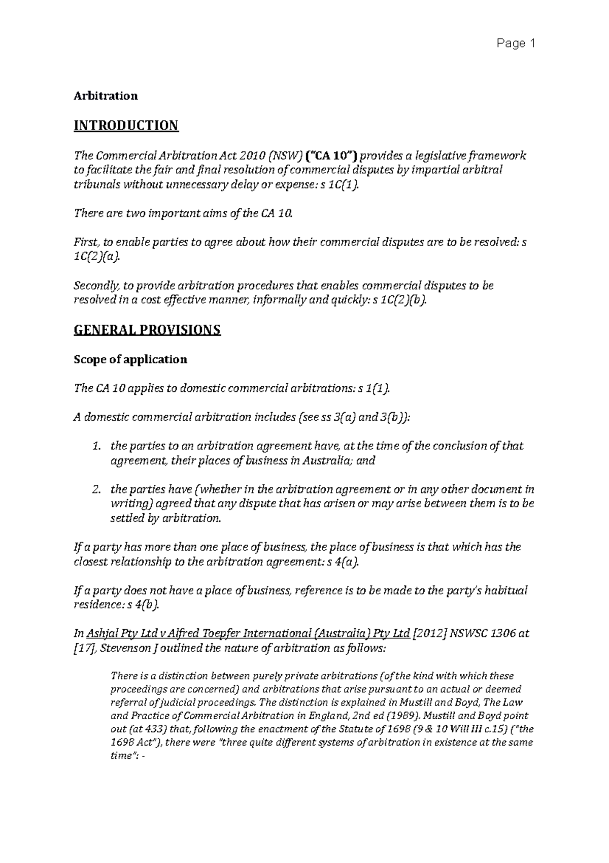 Notes 1 - Arbitration INTRODUCTION The Commercial Arbitration Act 2010 ...