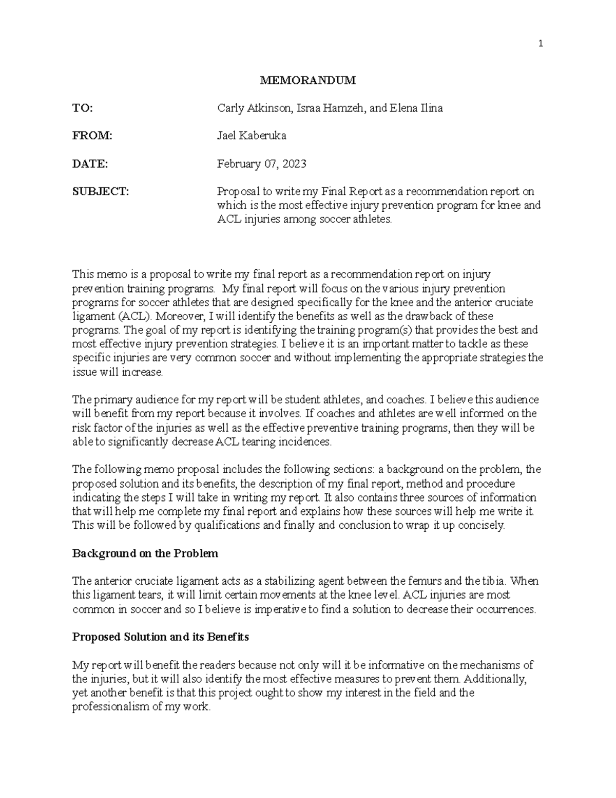 Generic Proposal Template - 1 MEMORANDUM TO: Carly Atkinson, Israa ...