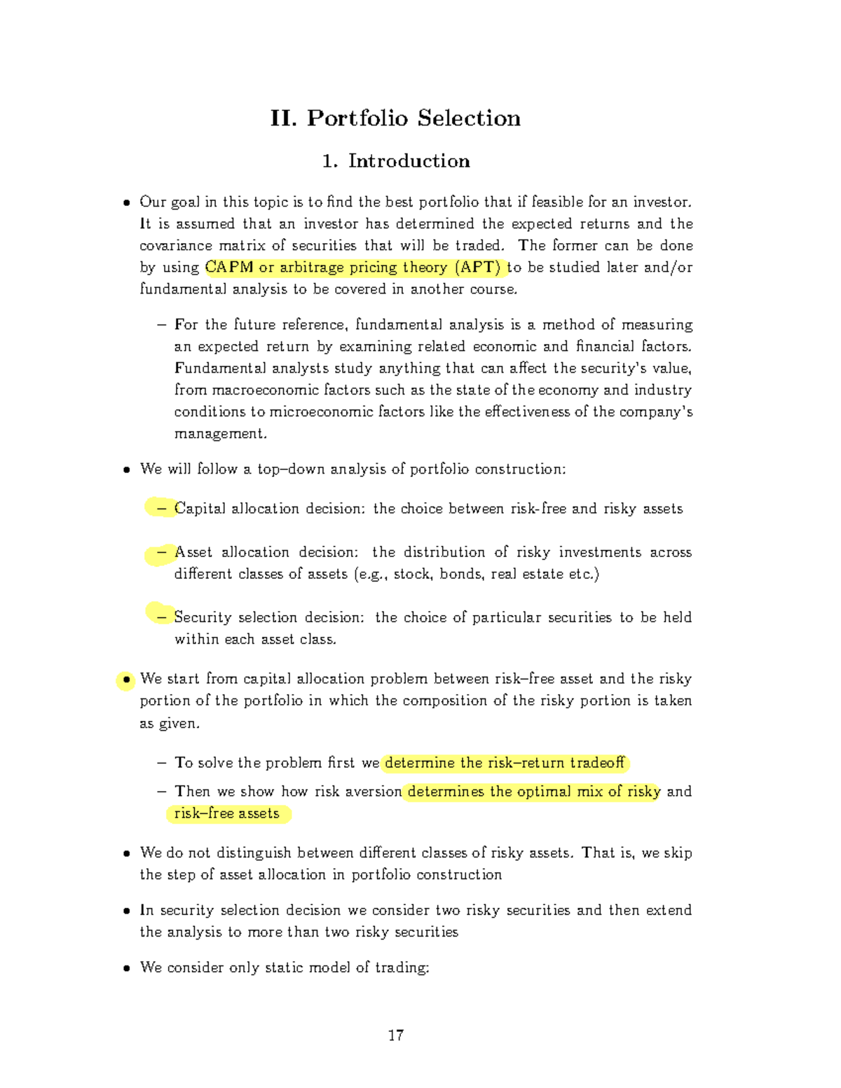 Topic 2 - notes - II. Portfolio Selection 1. Introduction Our goal in ...