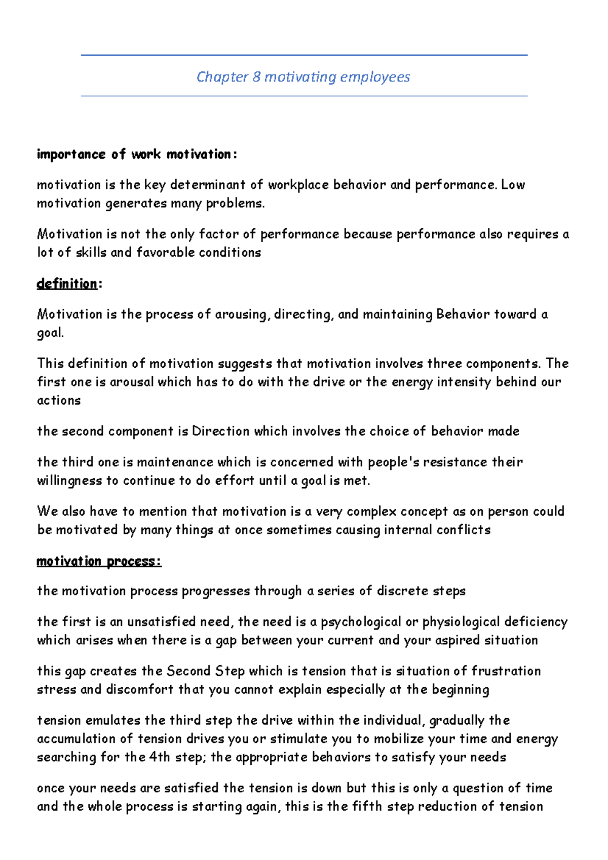 Resume chp8 - Chapter 8 motivating employees importance of work ...