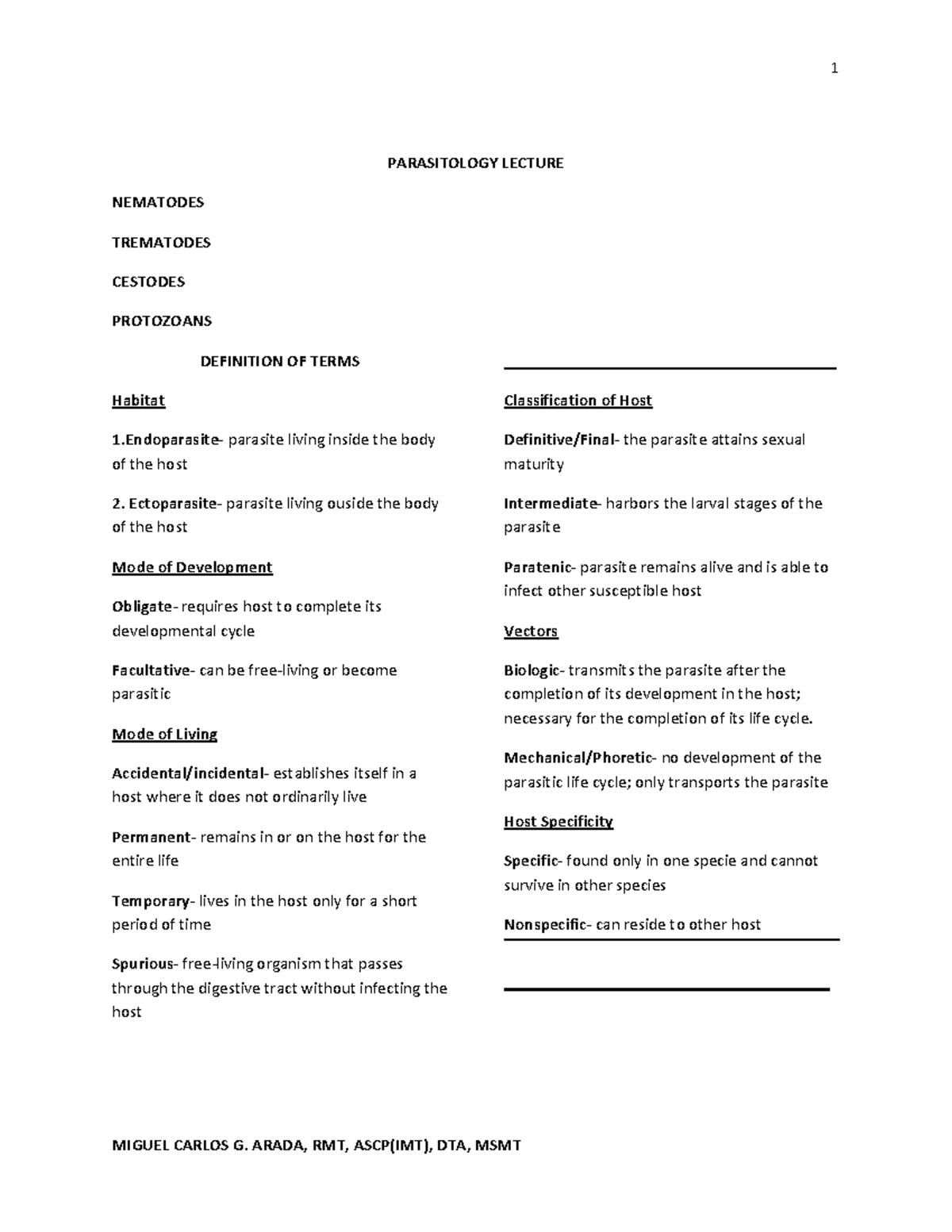 PARA Notes Review 2024 - PARASITOLOGY LECTURE NEMATODES TREMATODES ...
