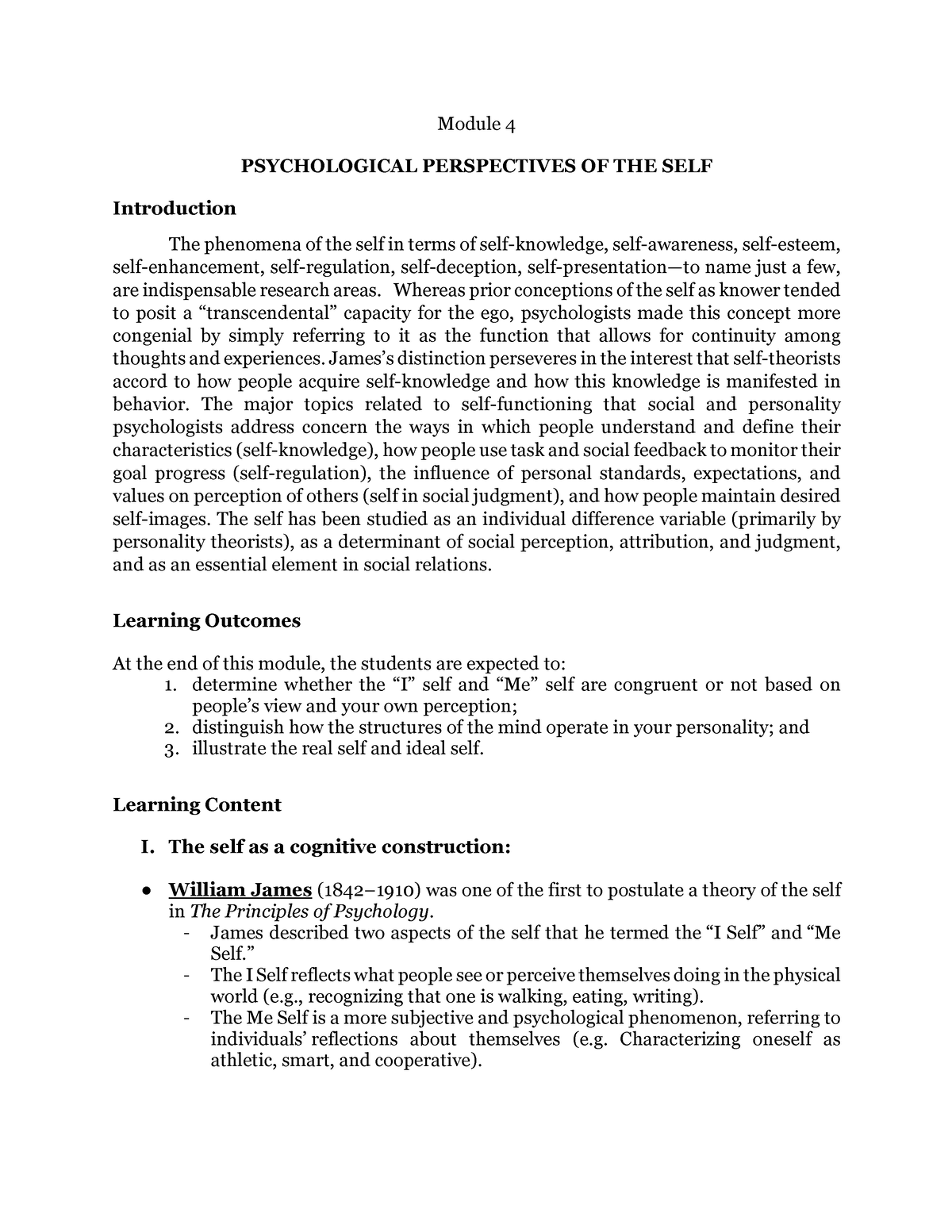 essay about psychological perspective of the self