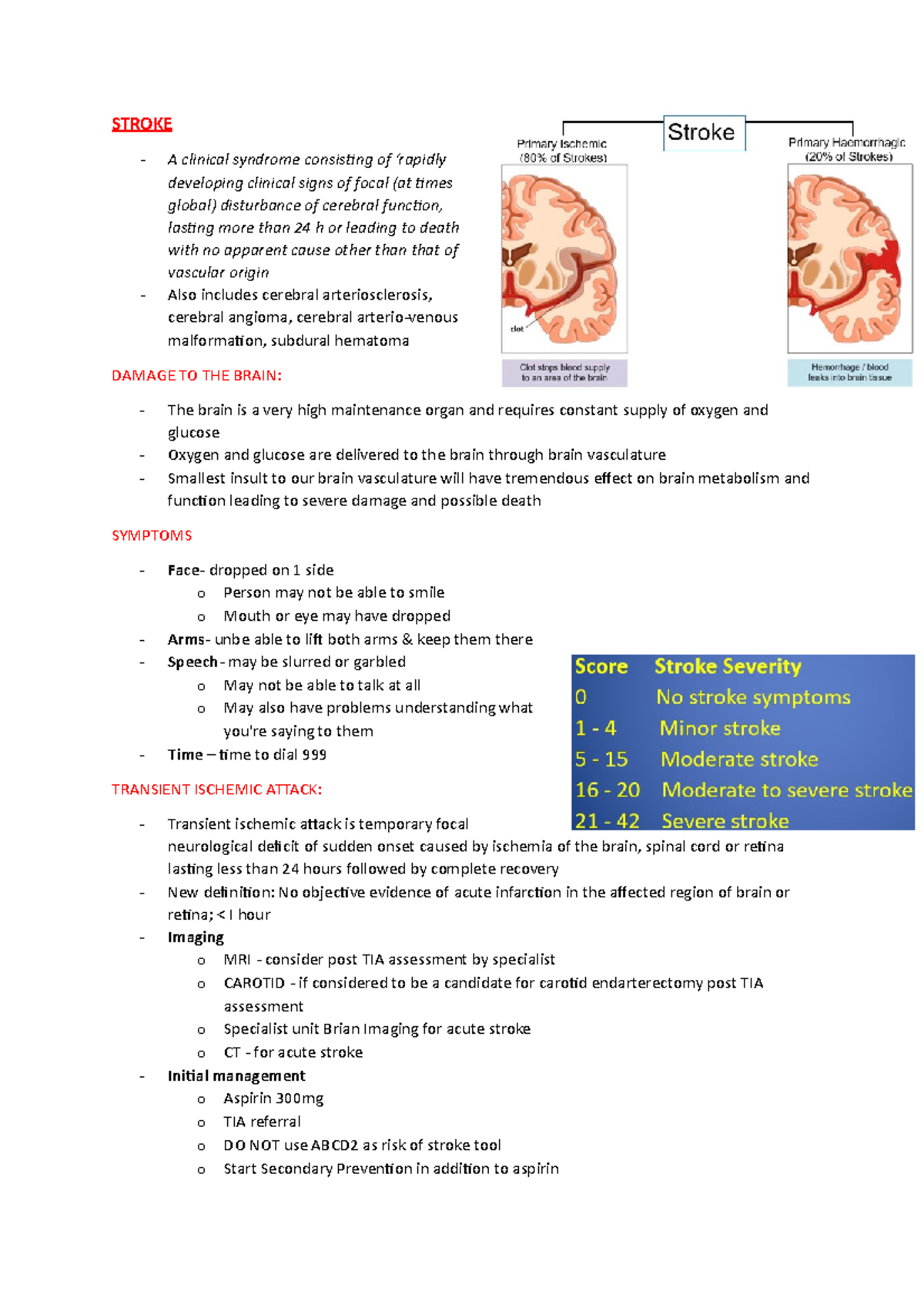 Stroke Lecture Notes 1 Stroke A Clinical Syndrome Consising Of ‘rapidly Developing Clinical