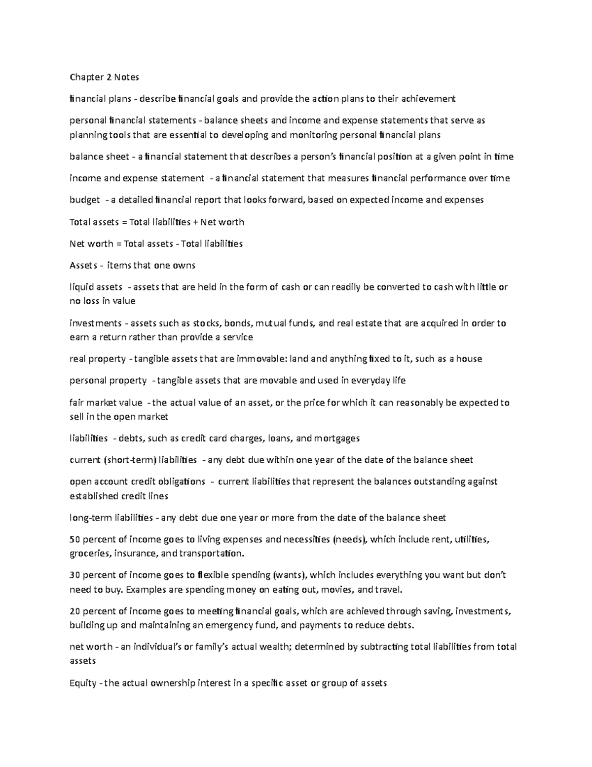 CH 2 Notes - Chapter 2 Notes financial plans - describe financial goals ...