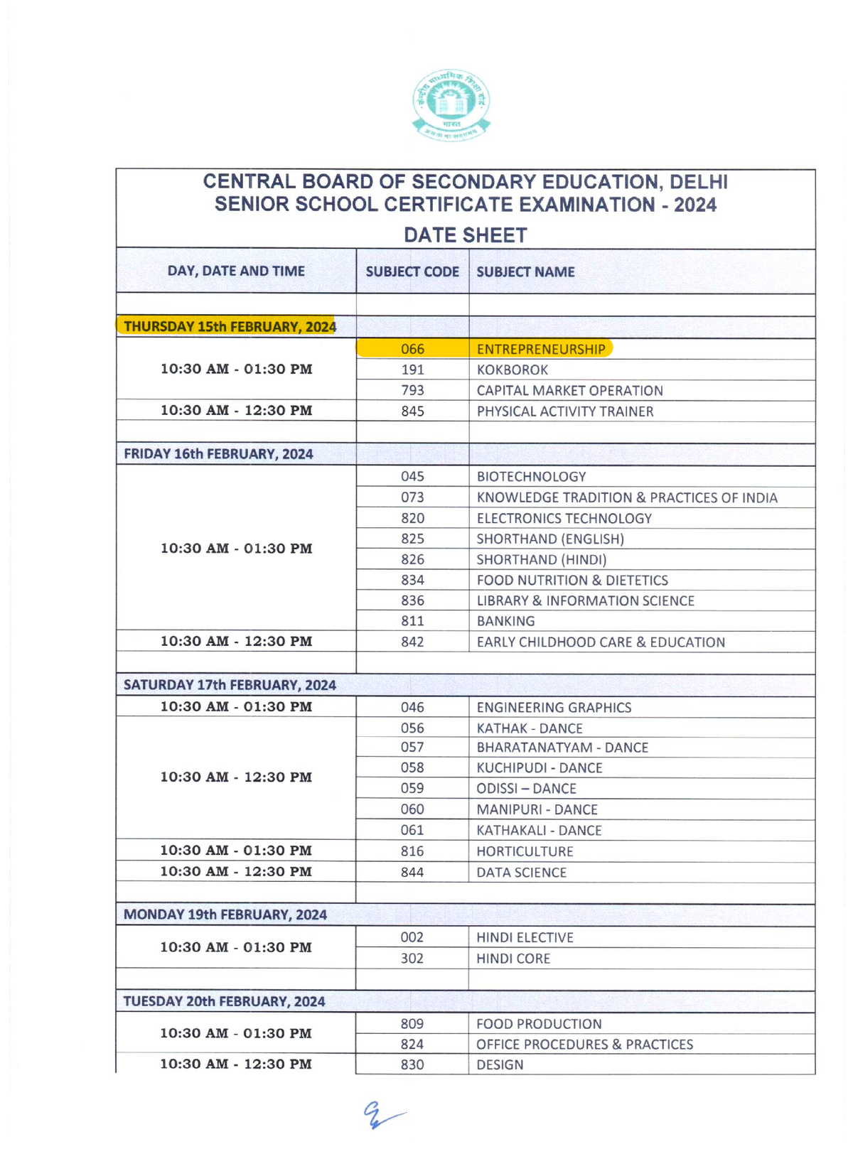 Class XII Date Sheet For Board Examinations 2024 - Computer Science ...