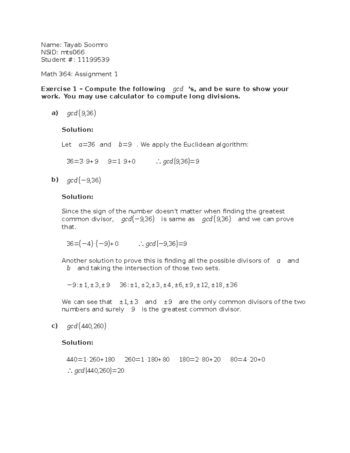 A1 tutorial work for number theory, - Name: Tayab Soomro NSID: mts066 ...