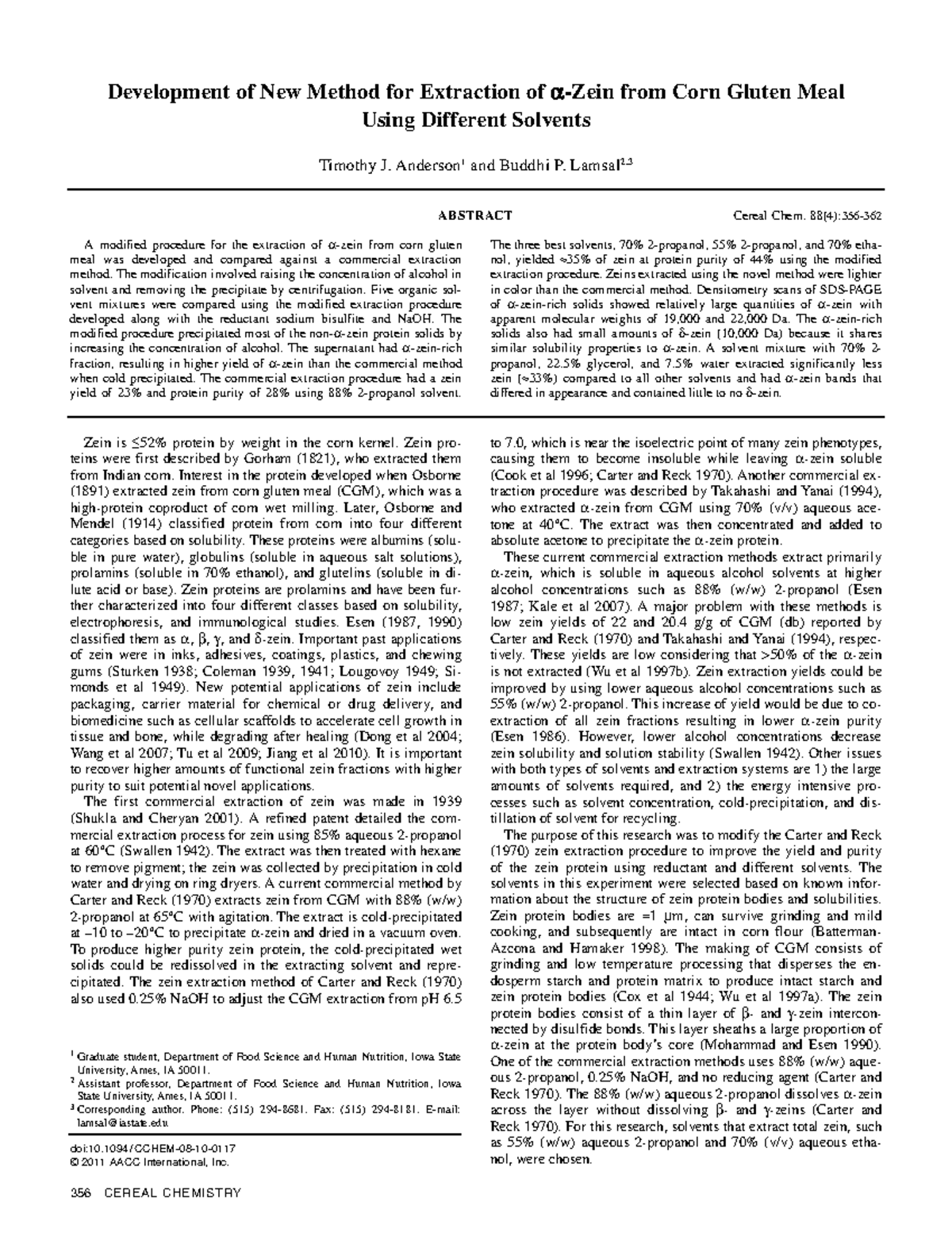 Development of New Method for Extraction of α Zein from Corn Gluten