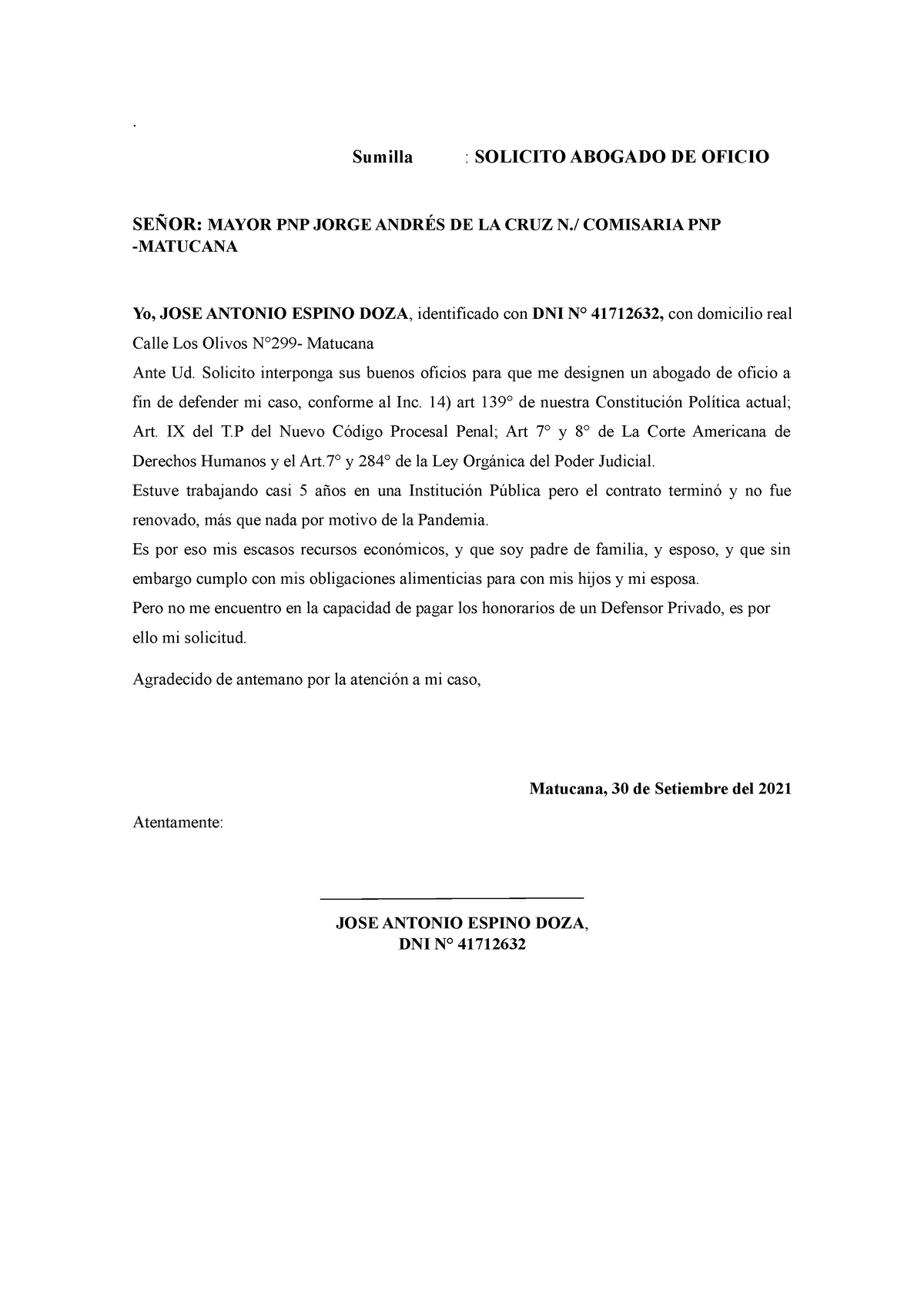 Modelo de Solicitud defensor publico por parte del imputado - . Sumilla :  SOLICITO ABOGADO DE OFICIO - Studocu