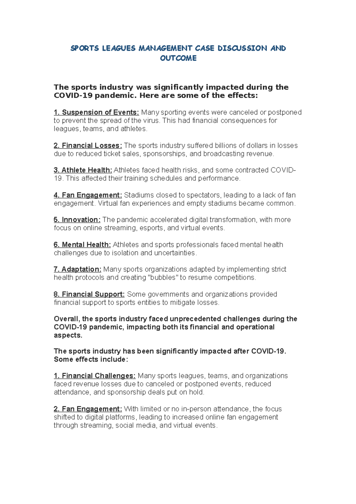 Sports Leagues Management CASE Discussion AND OUTC SPORTS LEAGUES