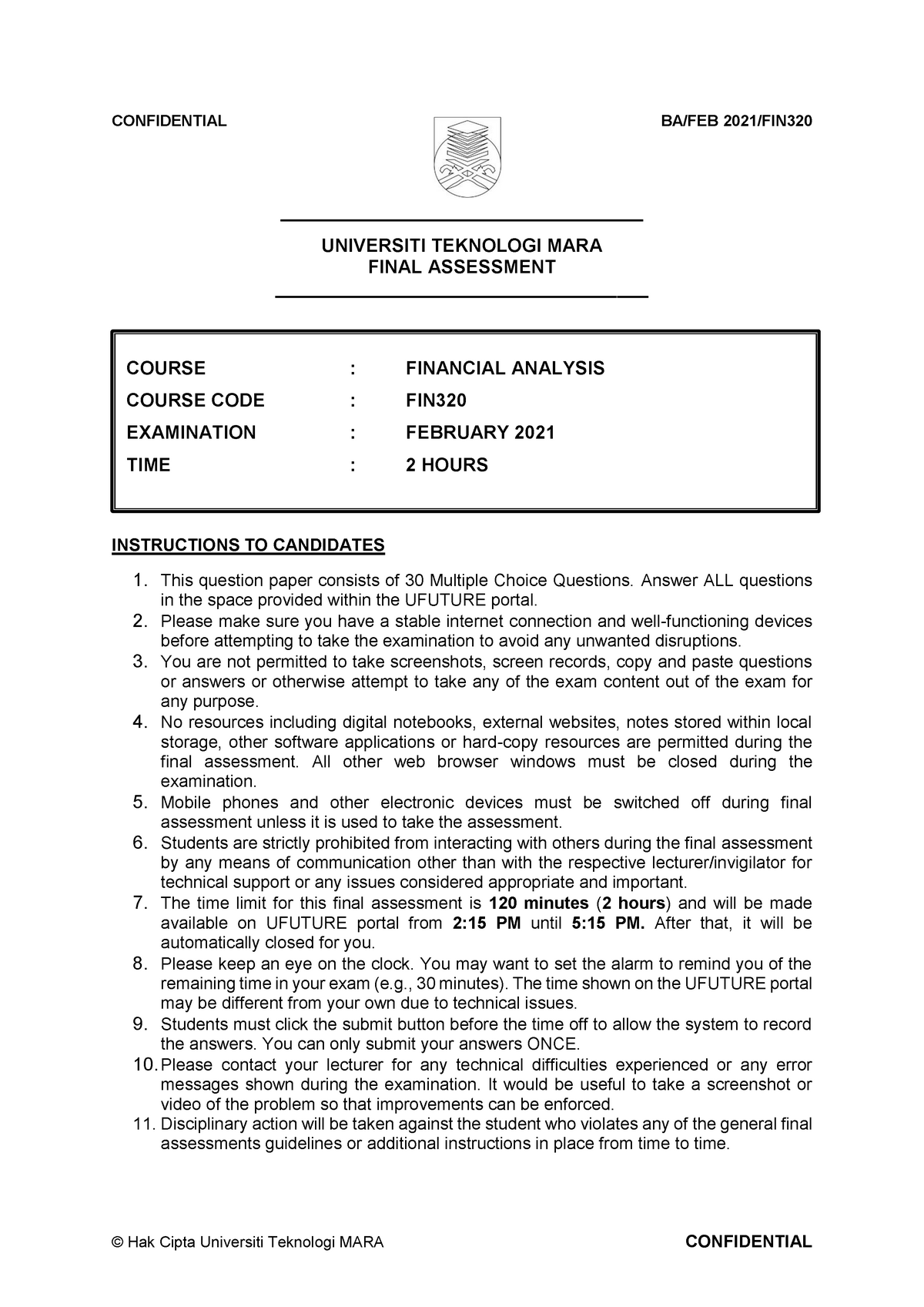 FIN320 - Final EXAM Question Paper ...