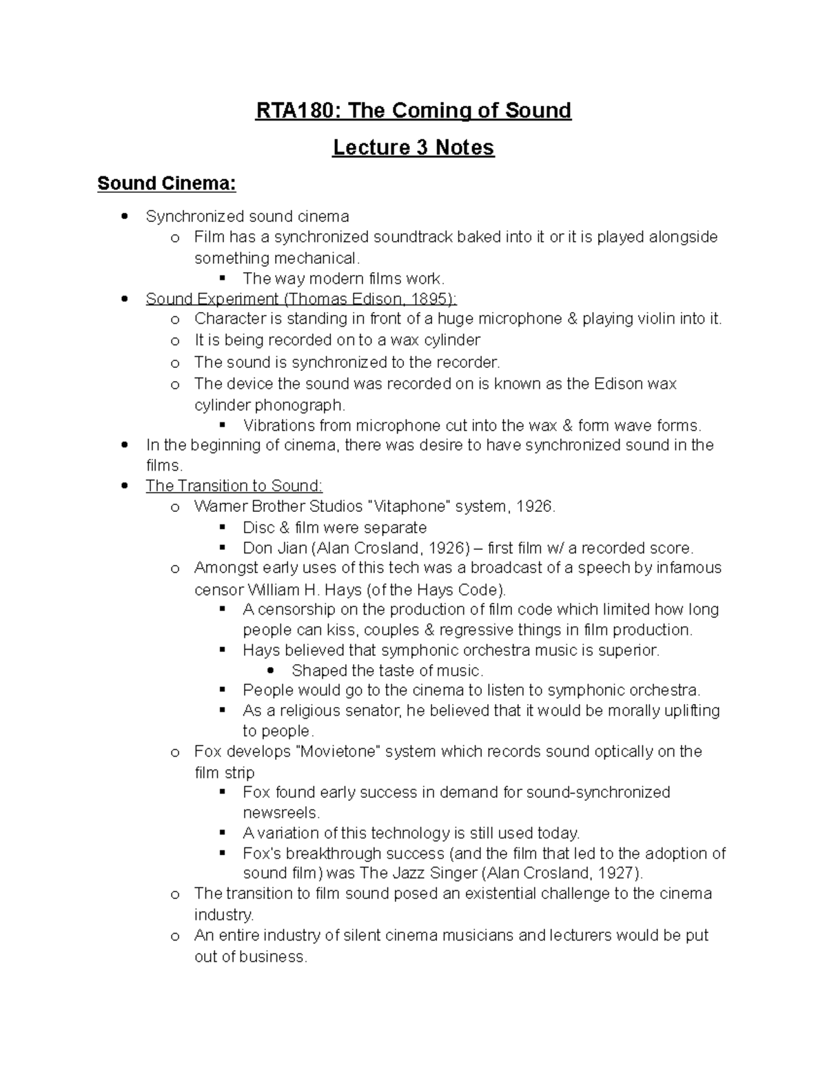 Lecture 3 Notes Owen Lyons RTA180 The Coming of Sound Lecture 3