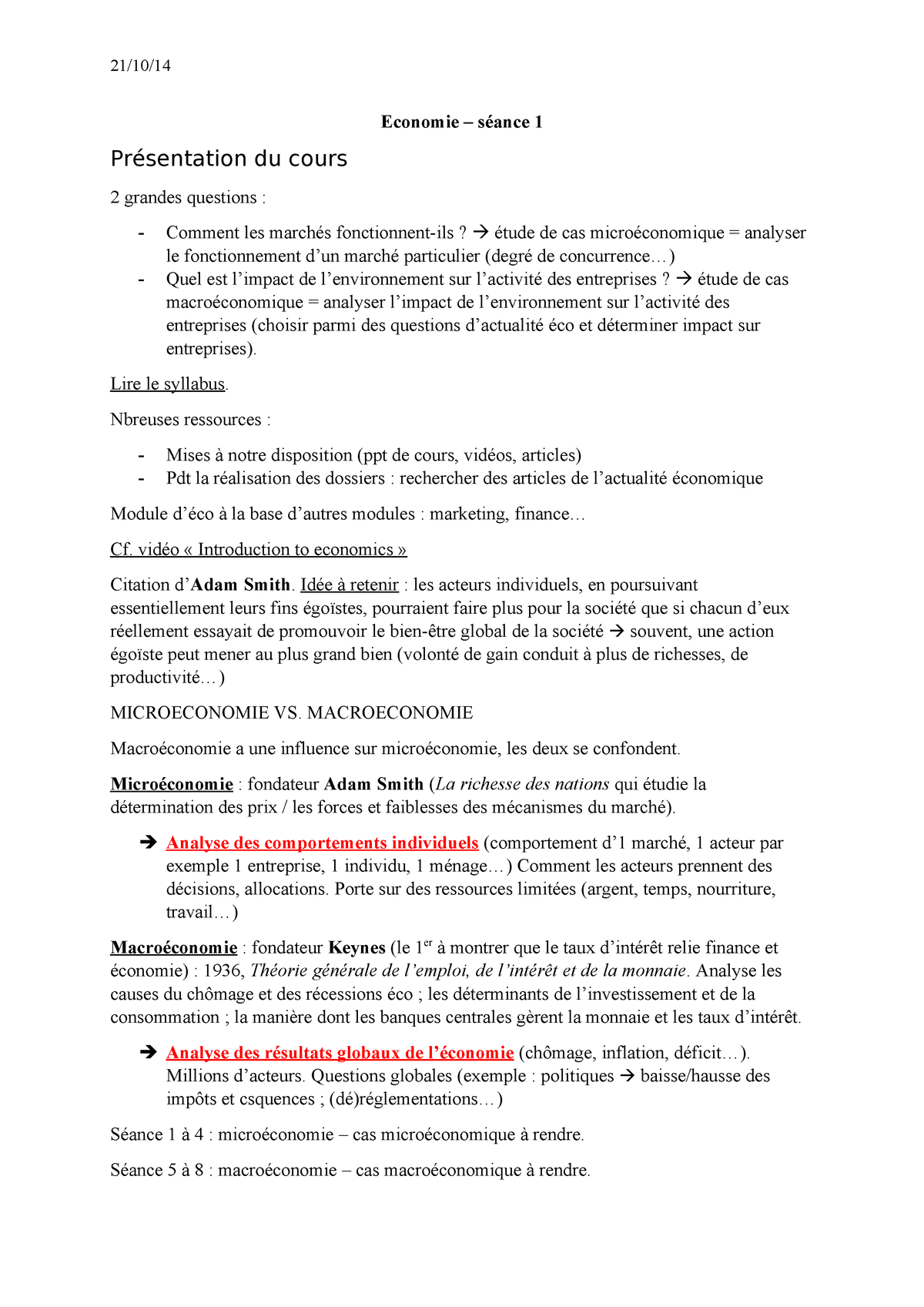 Economie Seance 1 Notes De Cours 1 Economie Ance Pr Sentation Du Cours Grandes Questions Comment Les March Fonctionnent Ils Tude De Cas Micro Conomique Studocu