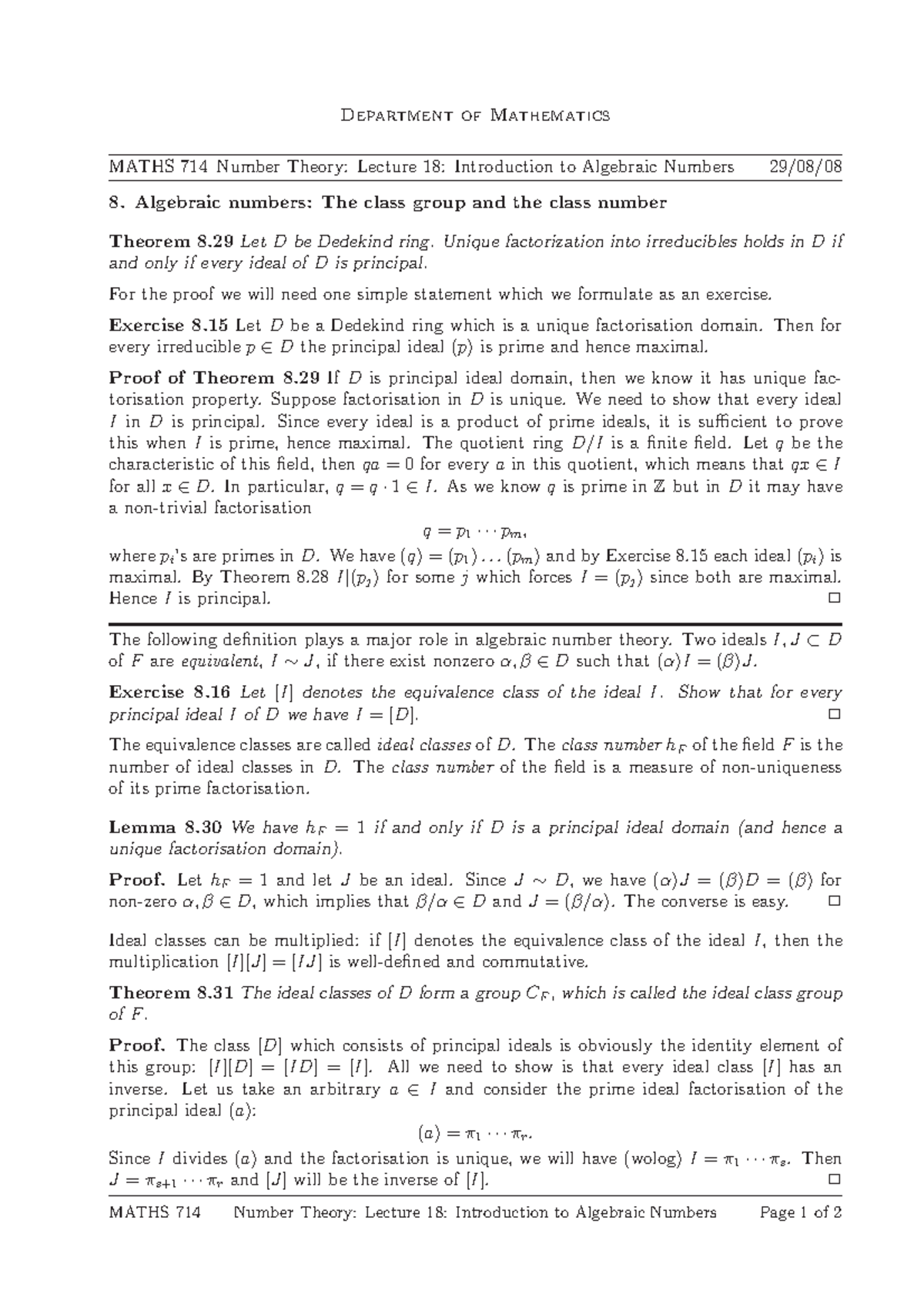 MATHS714 2008 Lecture 18 - Introduction to algebraic numbers - The ...