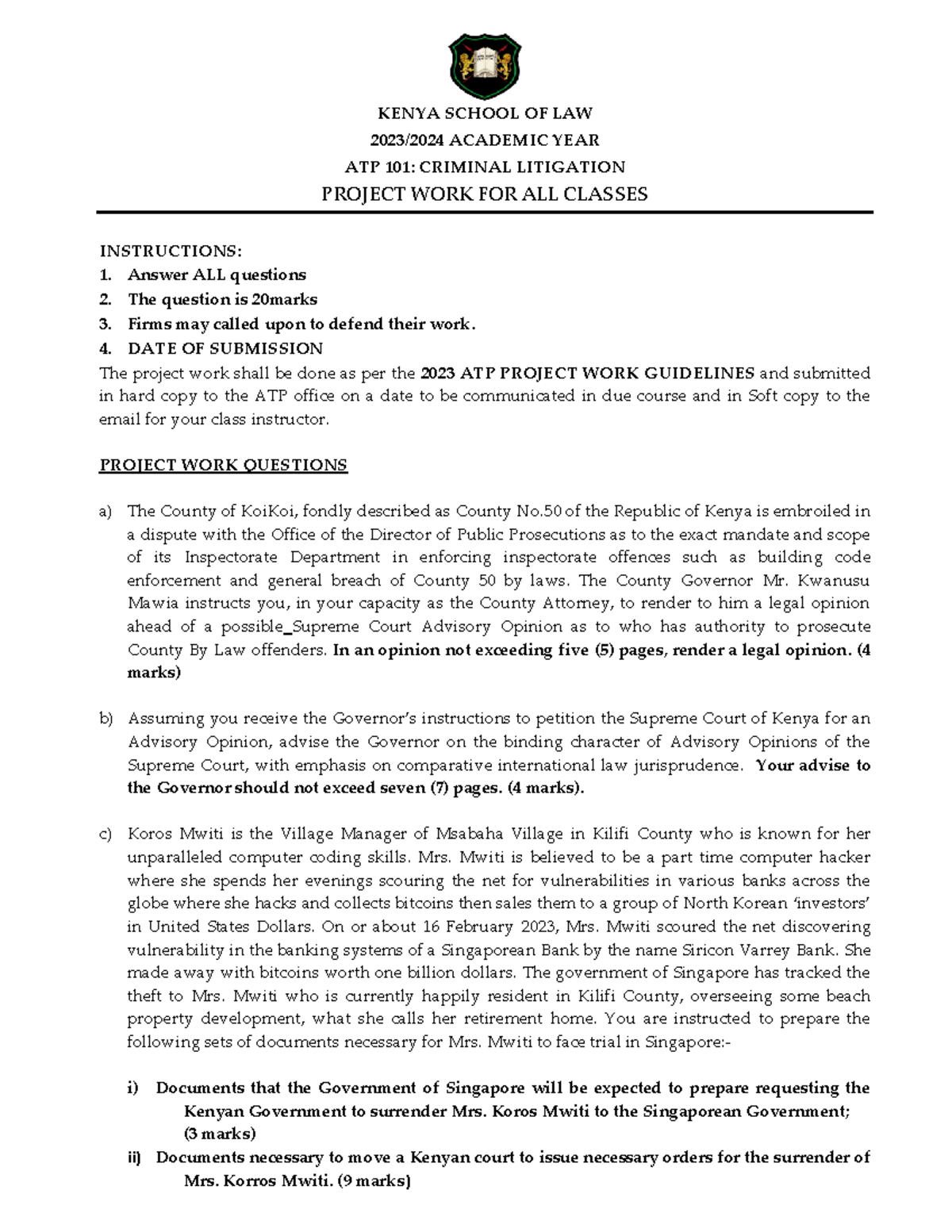 ATP 101 Criminal Litigation Project WORK-2023-2024 FOR ALL Classes ...