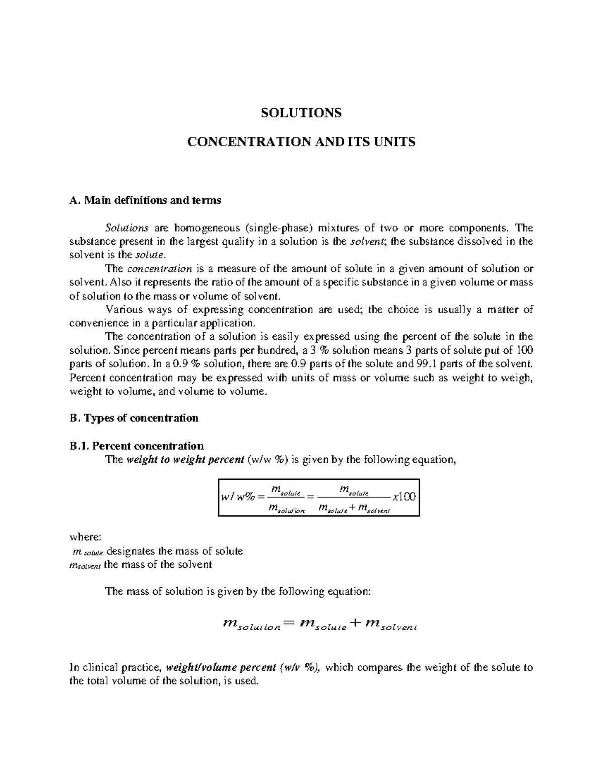 Short notes solut - god - SOLUTIONS CONCENTRATION AND ITS UNITS A. Main ...
