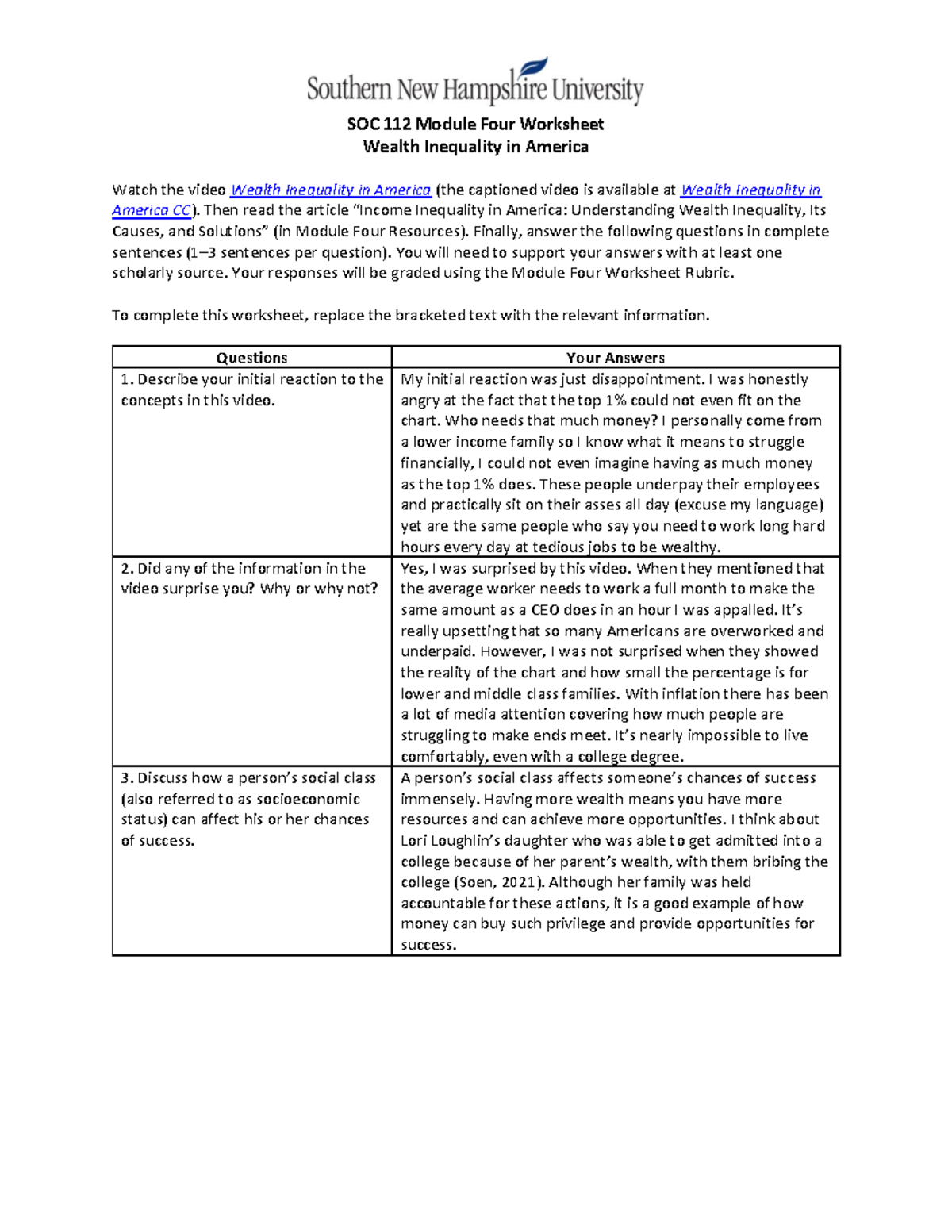 SOC 112 Module Four Worksheet - SOC 112 Module Four Worksheet Wealth ...