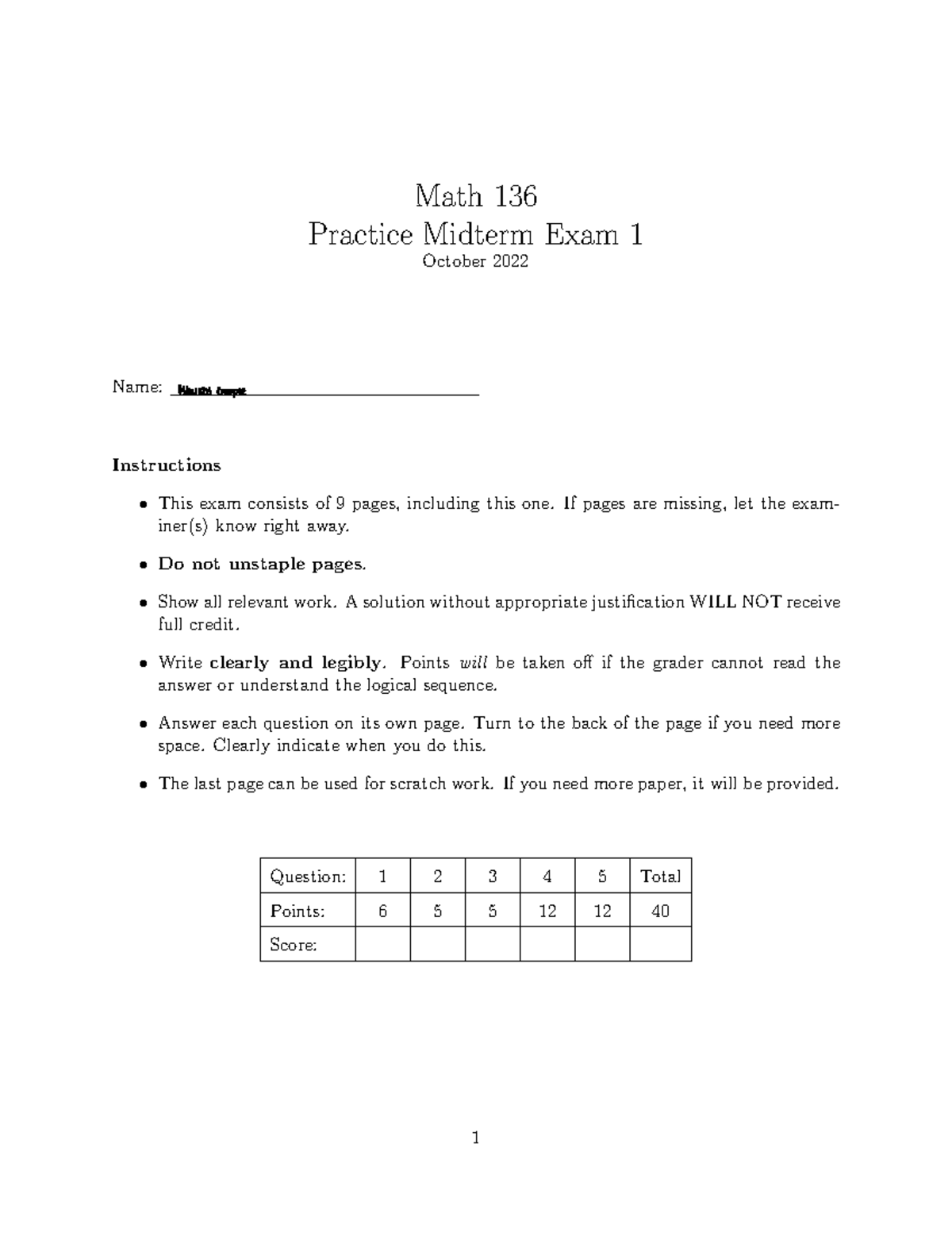 Practice Midterm 1 - Math 136 Practice Midterm Exam 1 October 2022 Name ...