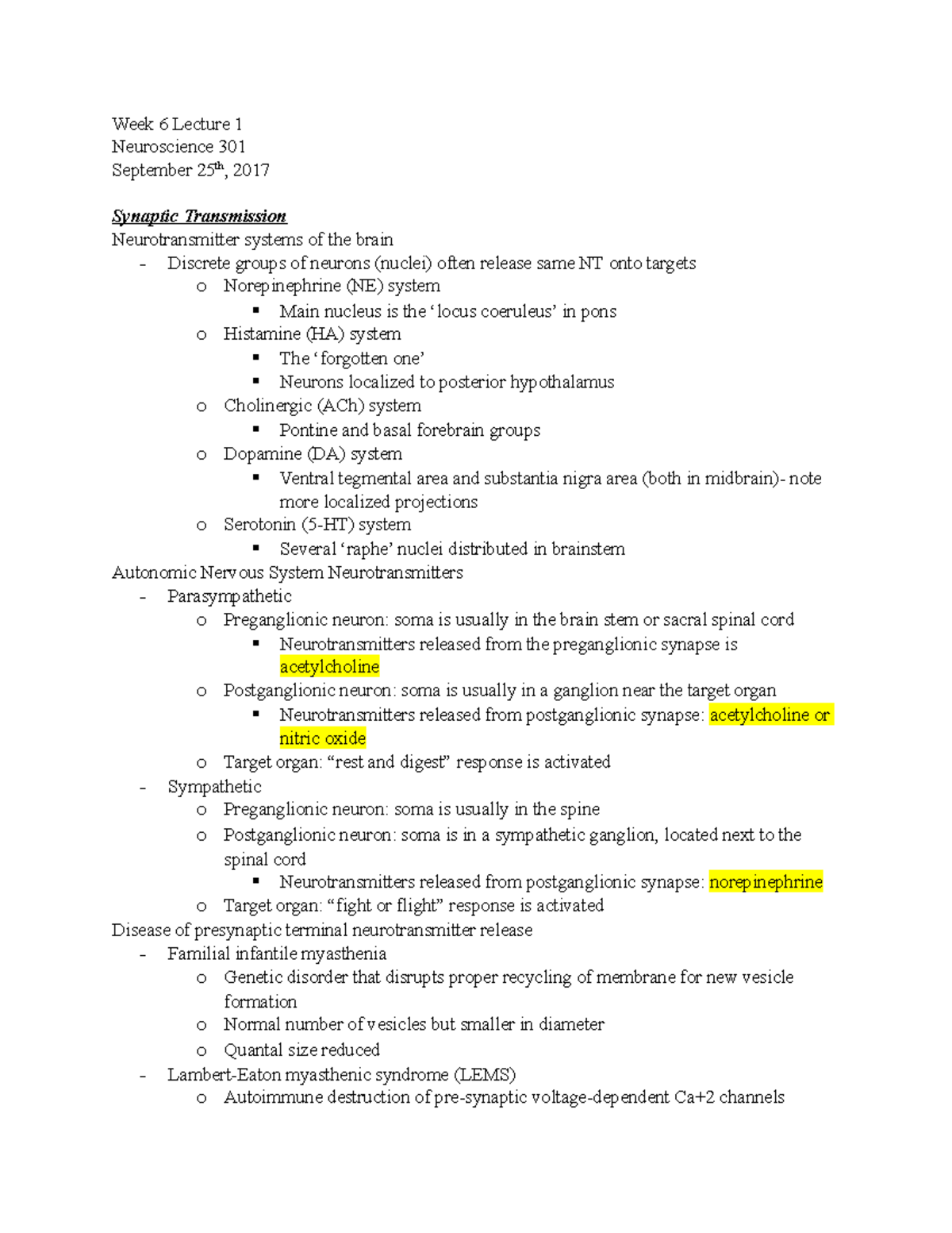 Neuro Final Study Guide - Week 6 Lecture 1 Neuroscience 301 September ...