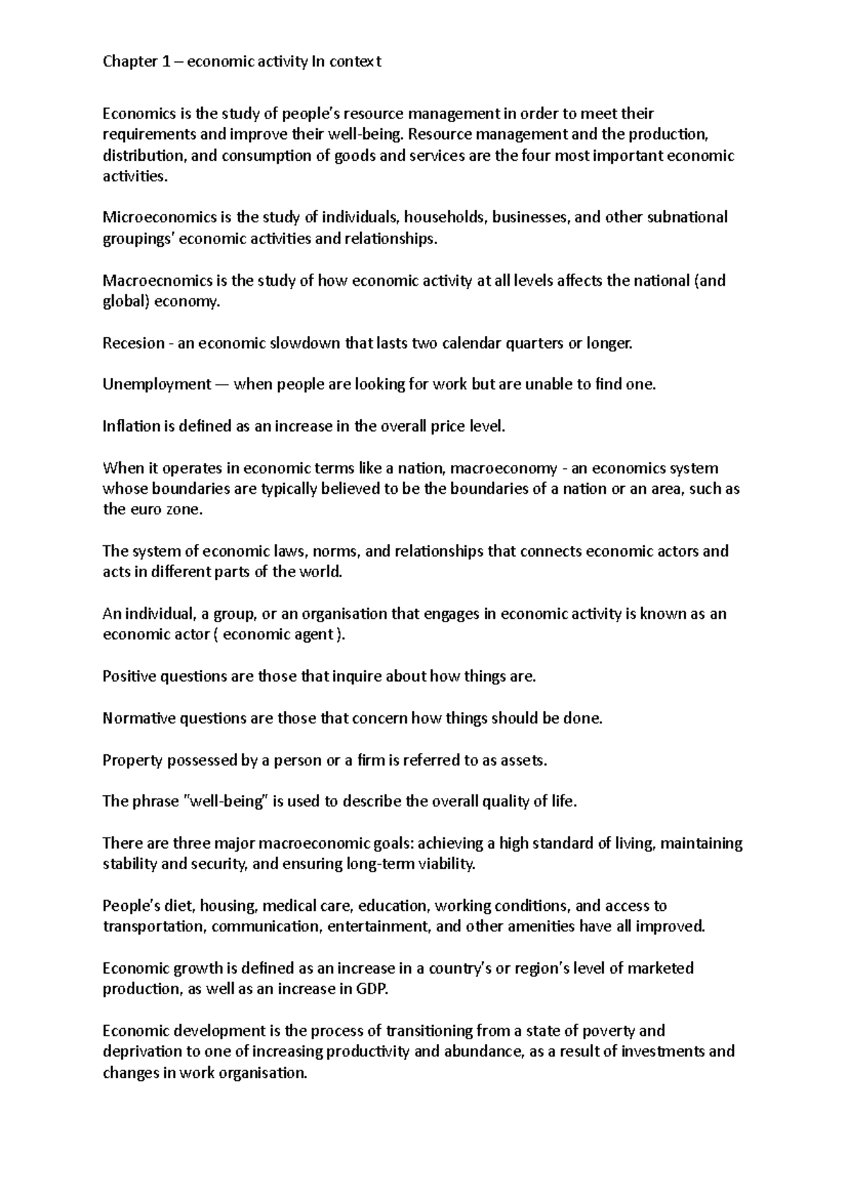 Chapter 1 - economics activity in context - Chapter 1 – economic ...