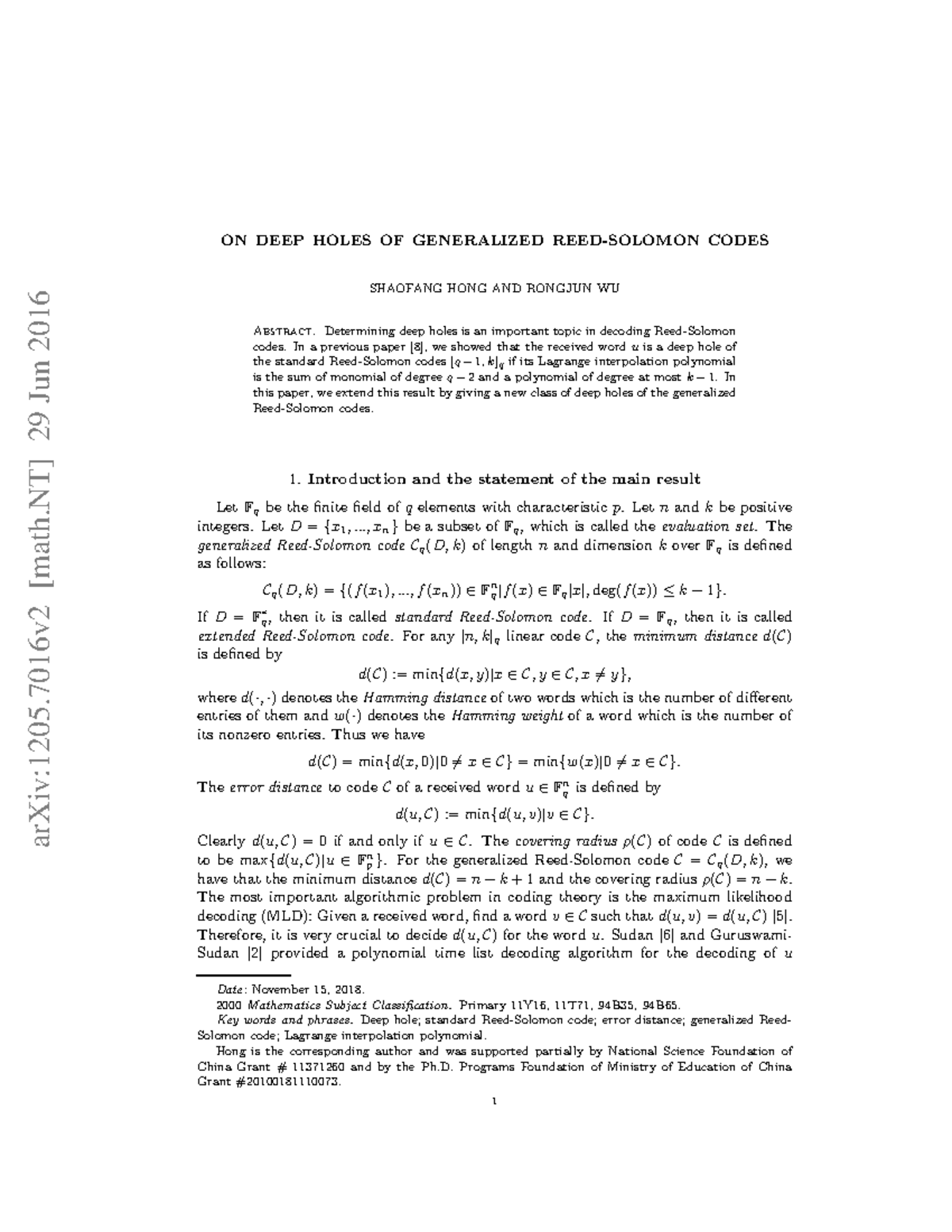 1205 Cours arXiv1205 [math] 29 Jun 2016 ON DEEP HOLES OF GENERALIZED REEDSOLOMON CODES