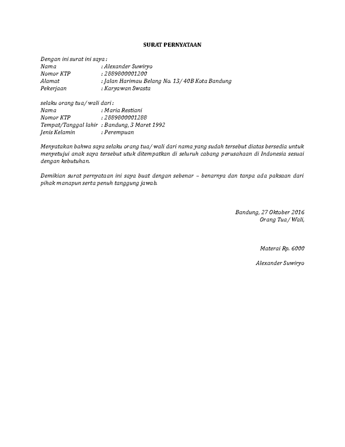 Contoh Surat Pernyataan Orang Tua mengenai Kesediaan - SURAT PERNYATAAN