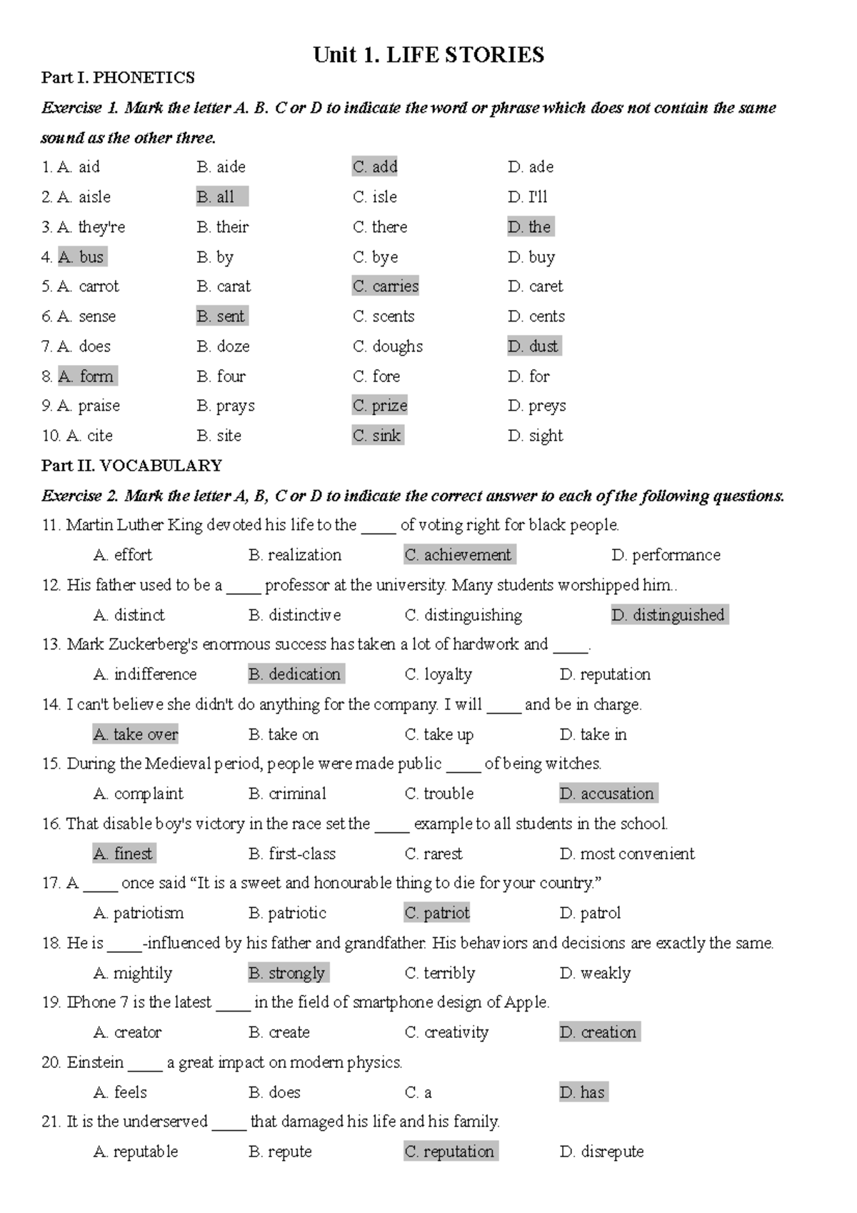 Unit 1 - Lyện Thi điểm 10 - Unit 1. LIFE STORIES Part I. PHONETICS ...