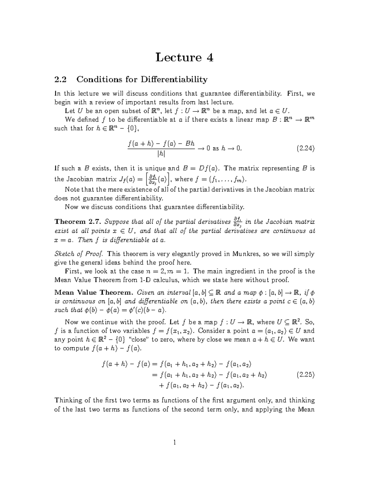 Conditions for Differentiability, Mean Value Theorem - Lecture 4 2 ...