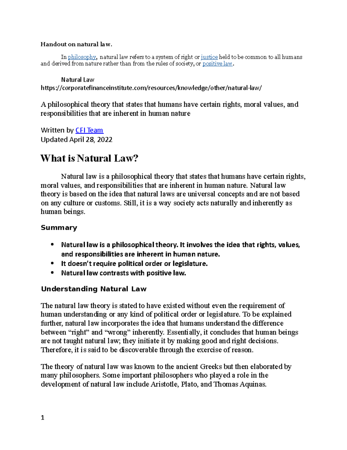 Handout On Natural Law - In Philosophy, Natural Law Refers To A System ...