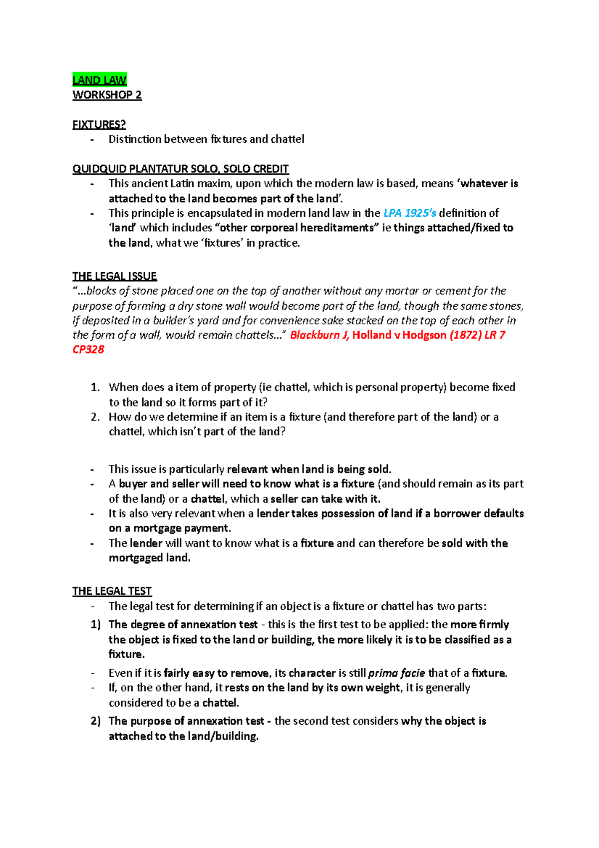 Fixtures LAND LAW 2 FIXTURES? Distinction between fixtures